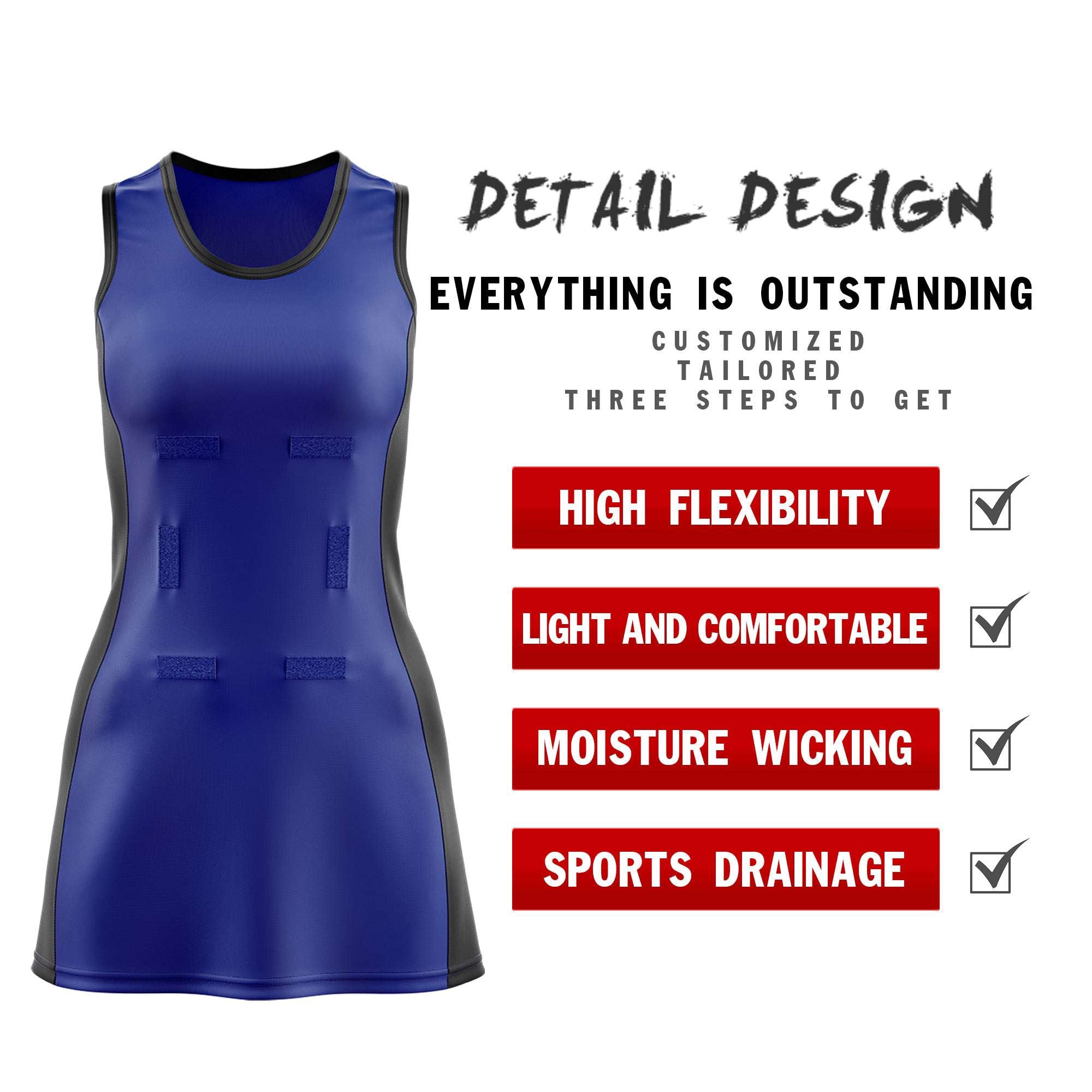 Custom Royal Blue Black Color Block Two Tone Netball Dresses