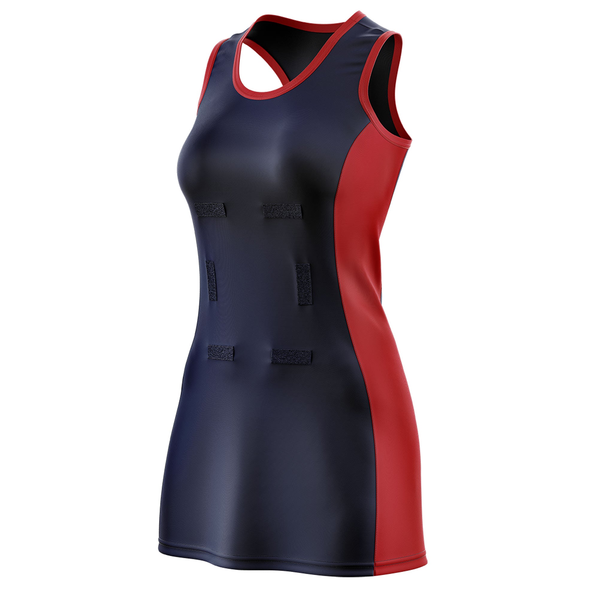 Custom Navy Red Color Block Two Tone Netball Dresses