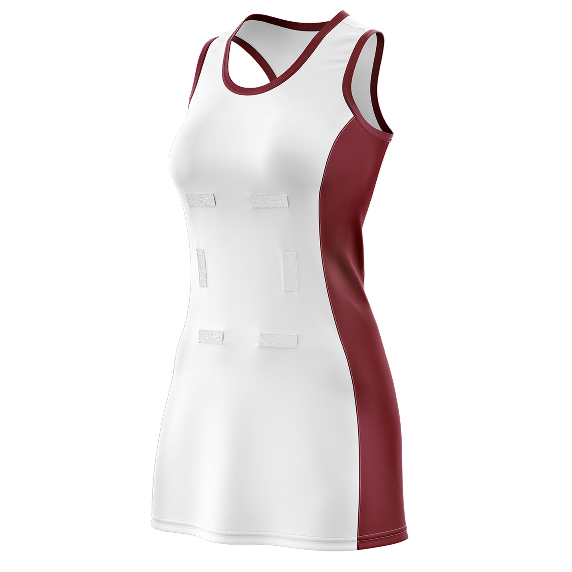 Custom White Maroon Color Block Two Tone Netball Dresses