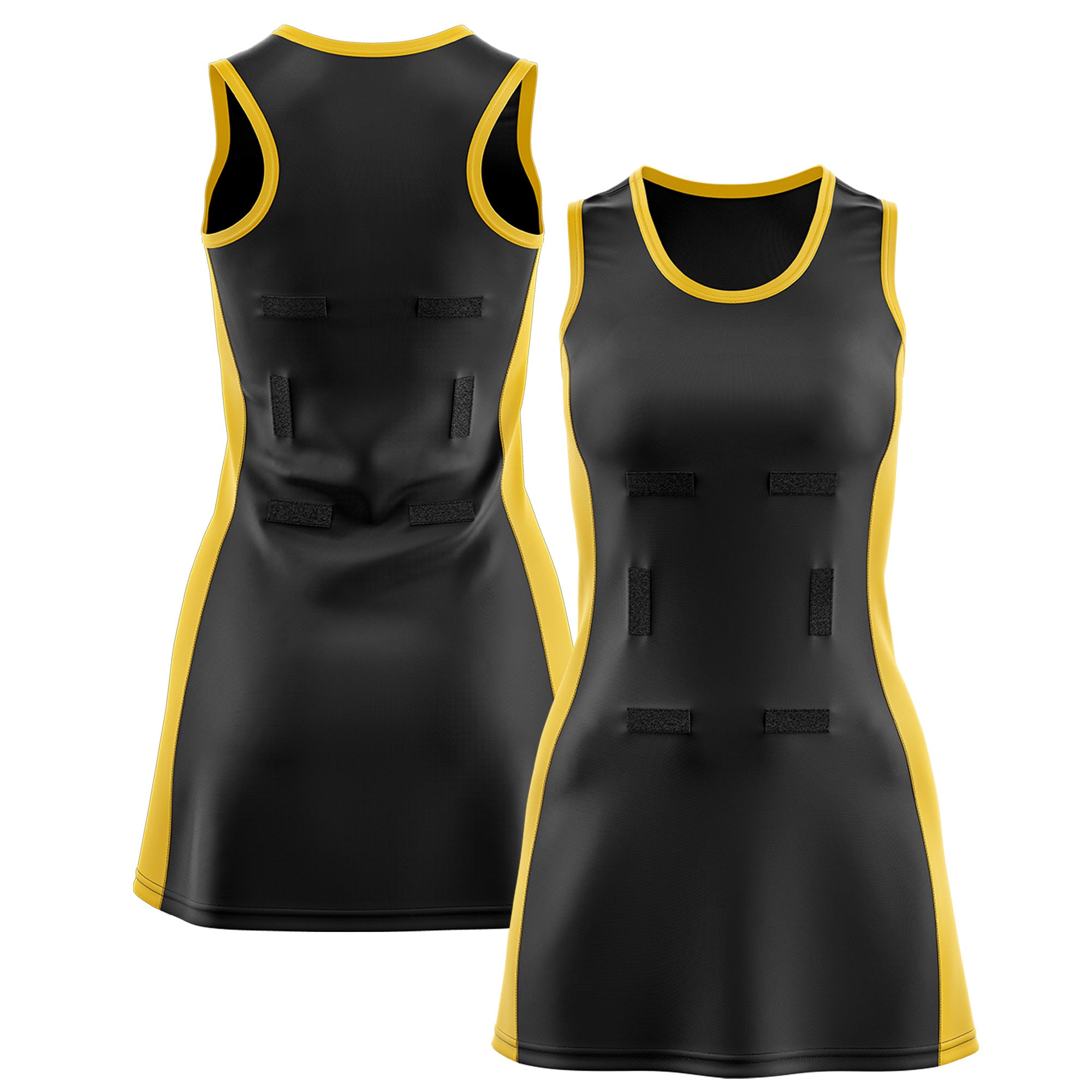 Custom Black Gold Color Block Two Tone Netball Dresses