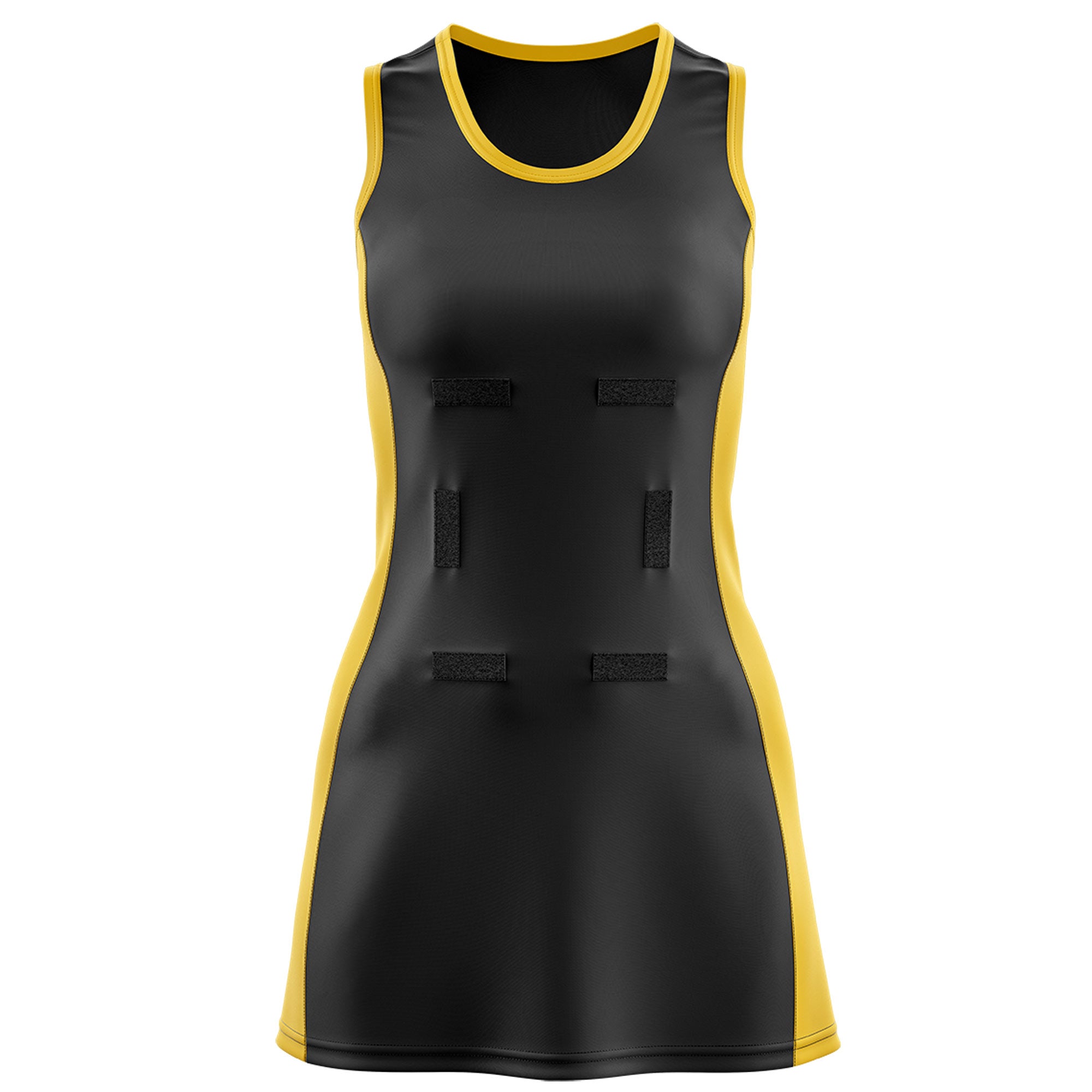 Custom Black Gold Color Block Two Tone Netball Dresses