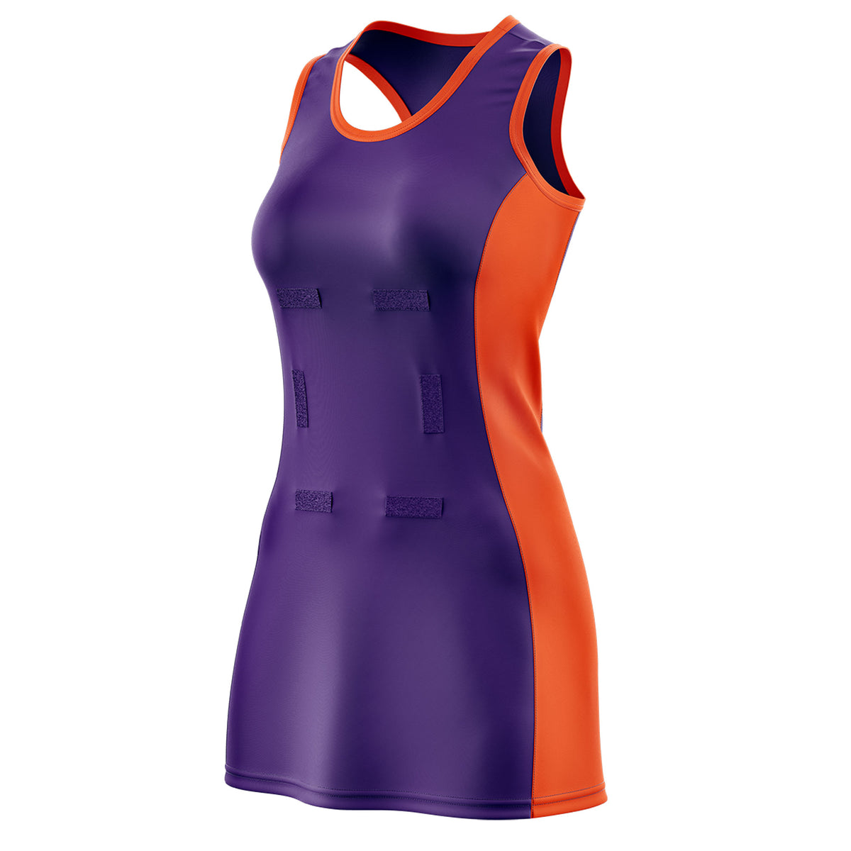 Custom Purple Orange Color Block Two Tone Netball Dresses