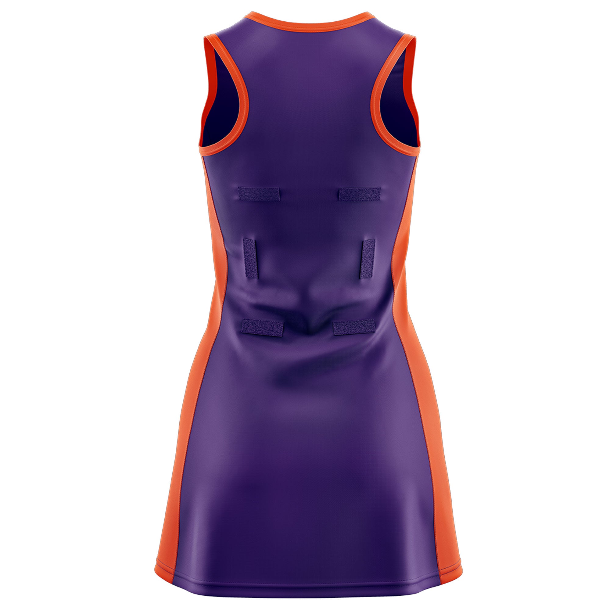 Custom Purple Orange Color Block Two Tone Netball Dresses