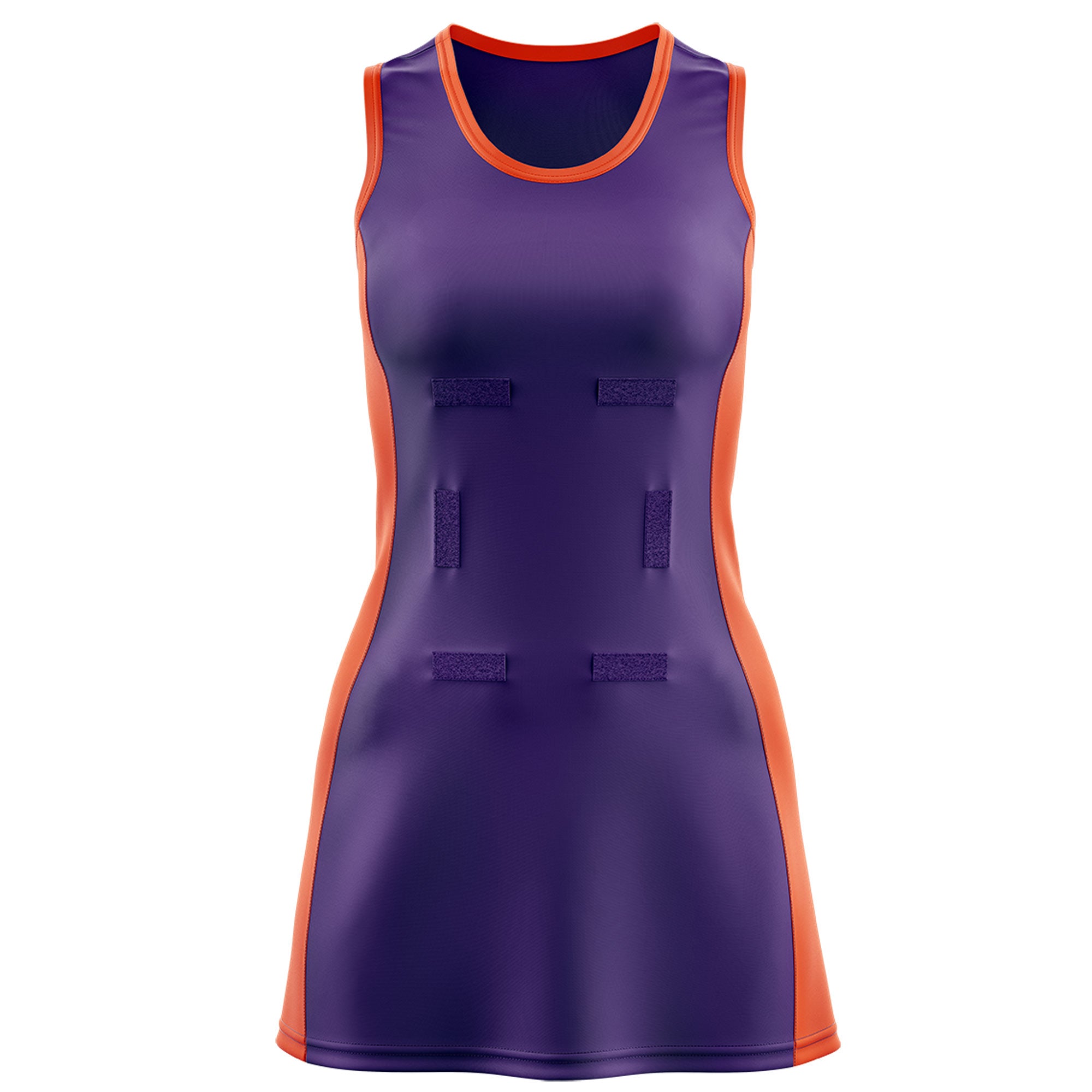 Custom Purple Orange Color Block Two Tone Netball Dresses
