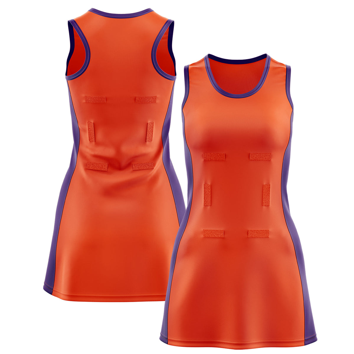 Custom Orange Purple Color Block Two Tone Netball Dresses