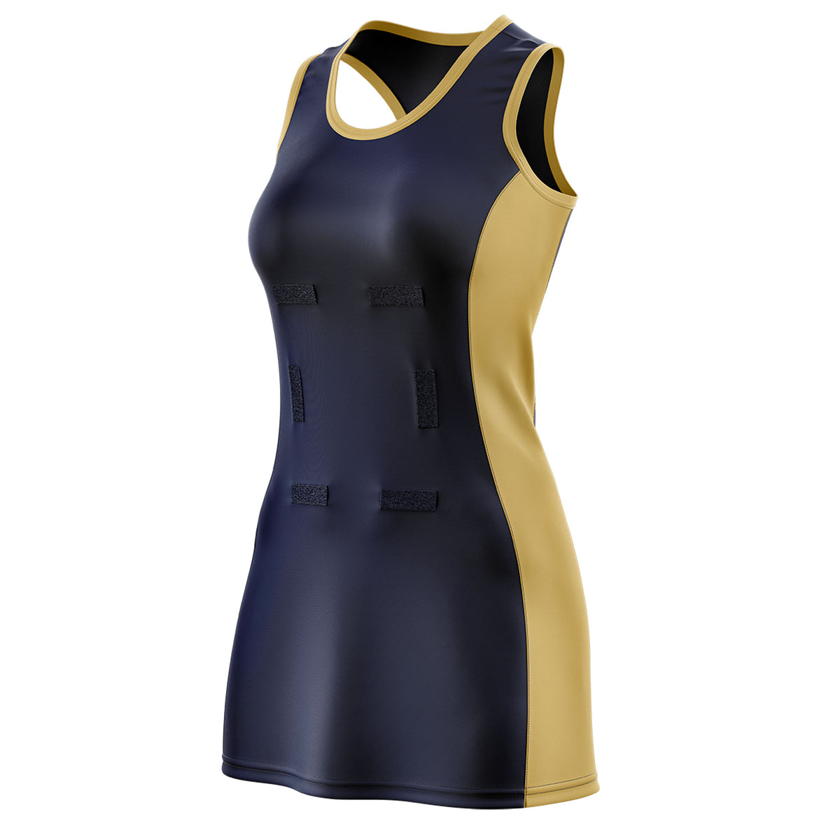 Custom Navy Old Gold Color Block Two Tone Netball Dresses