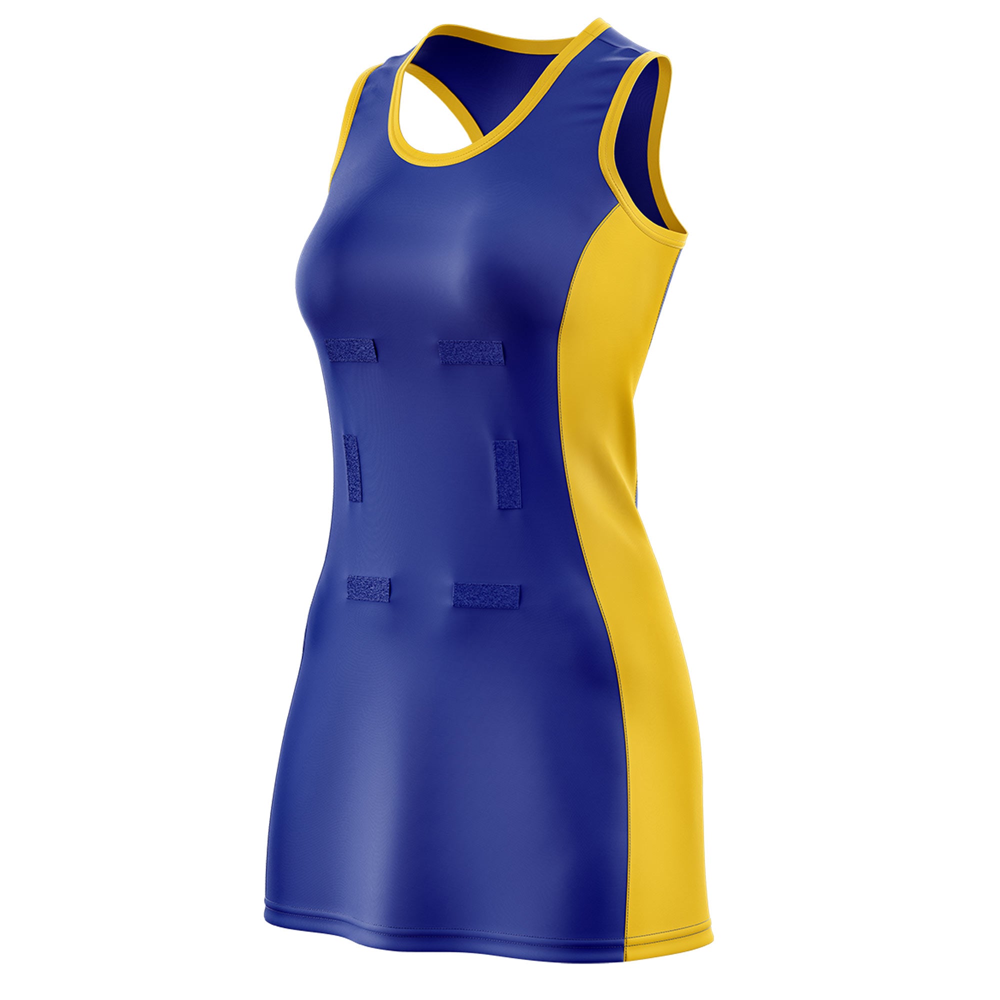 Custom Royal Blue Gold Color Block Two Tone Netball Dresses