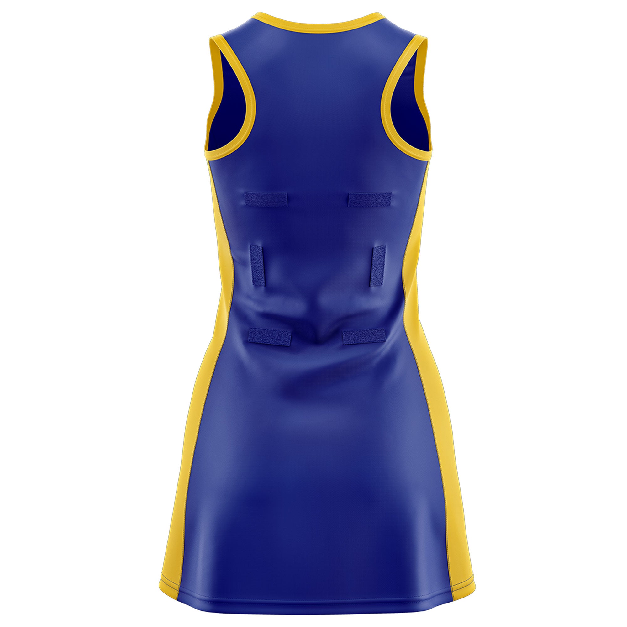 Custom Royal Blue Gold Color Block Two Tone Netball Dresses