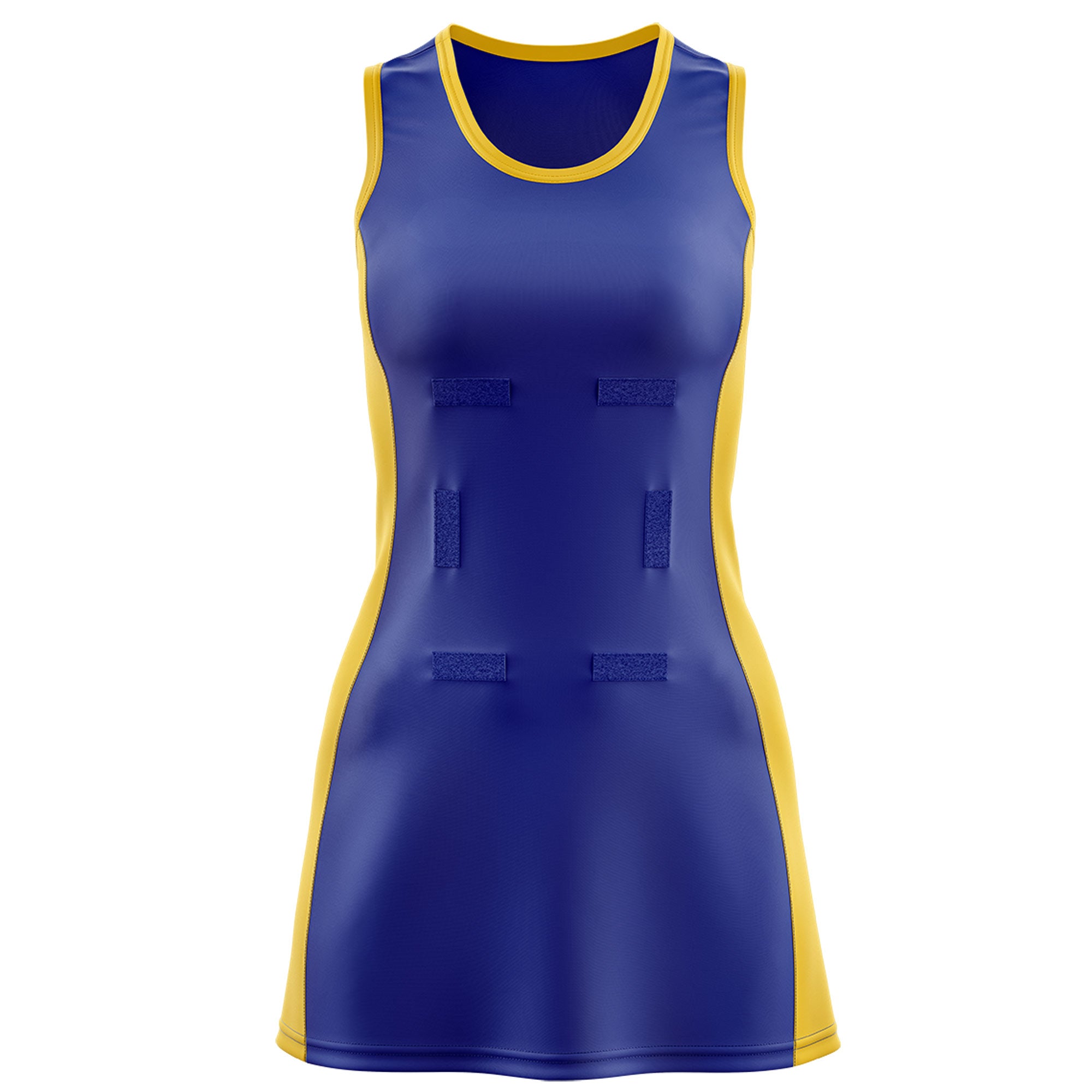 Custom Royal Blue Gold Color Block Two Tone Netball Dresses