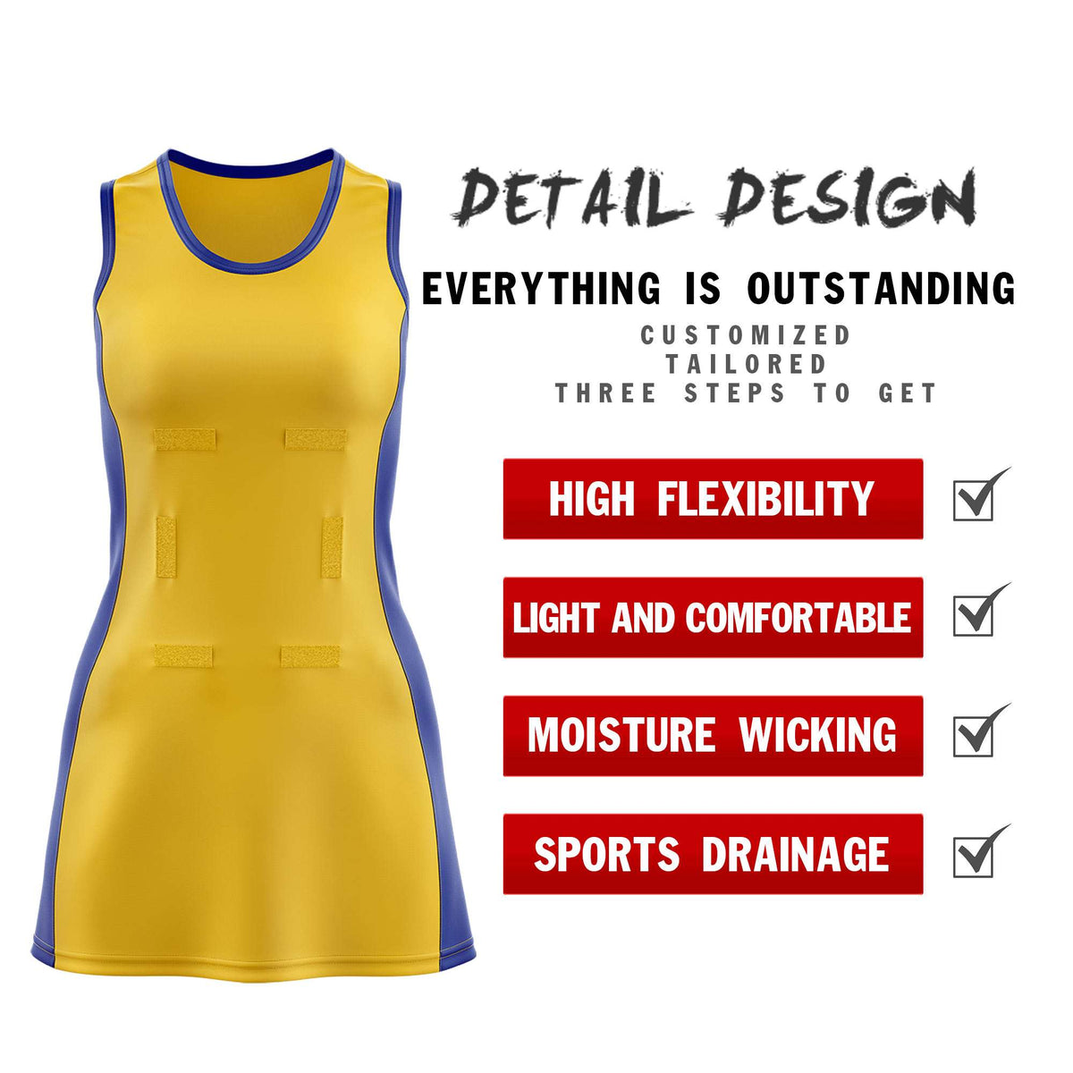 Custom Gold Royal Blue Color Block Two Tone Netball Dresses