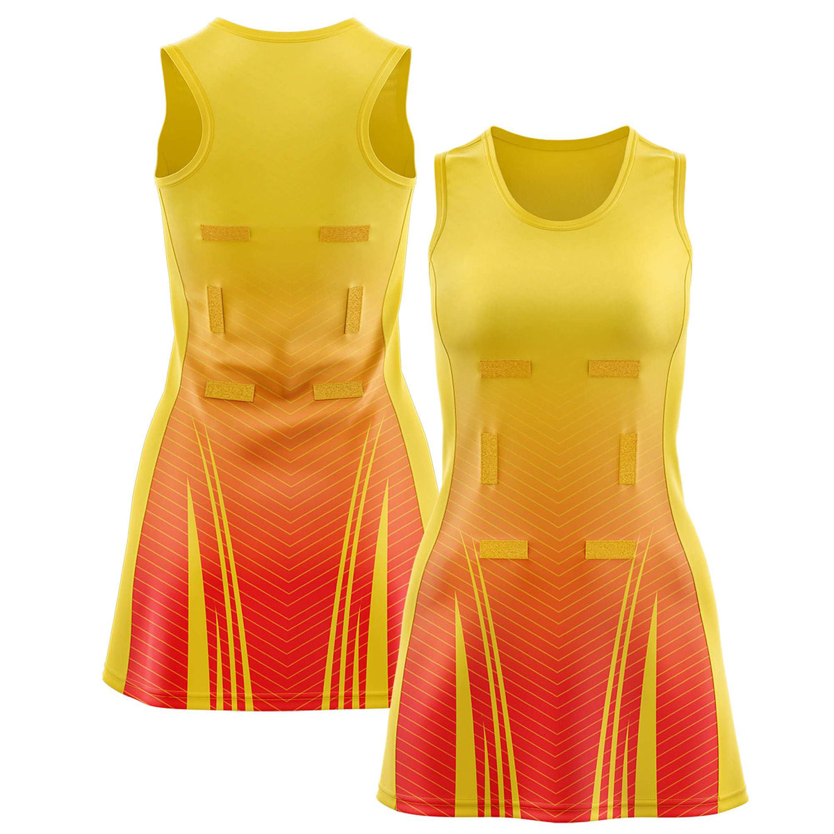 Custom Gold Orange Netball Dresses With Diagonal Lines And Jagged Texture Patterns