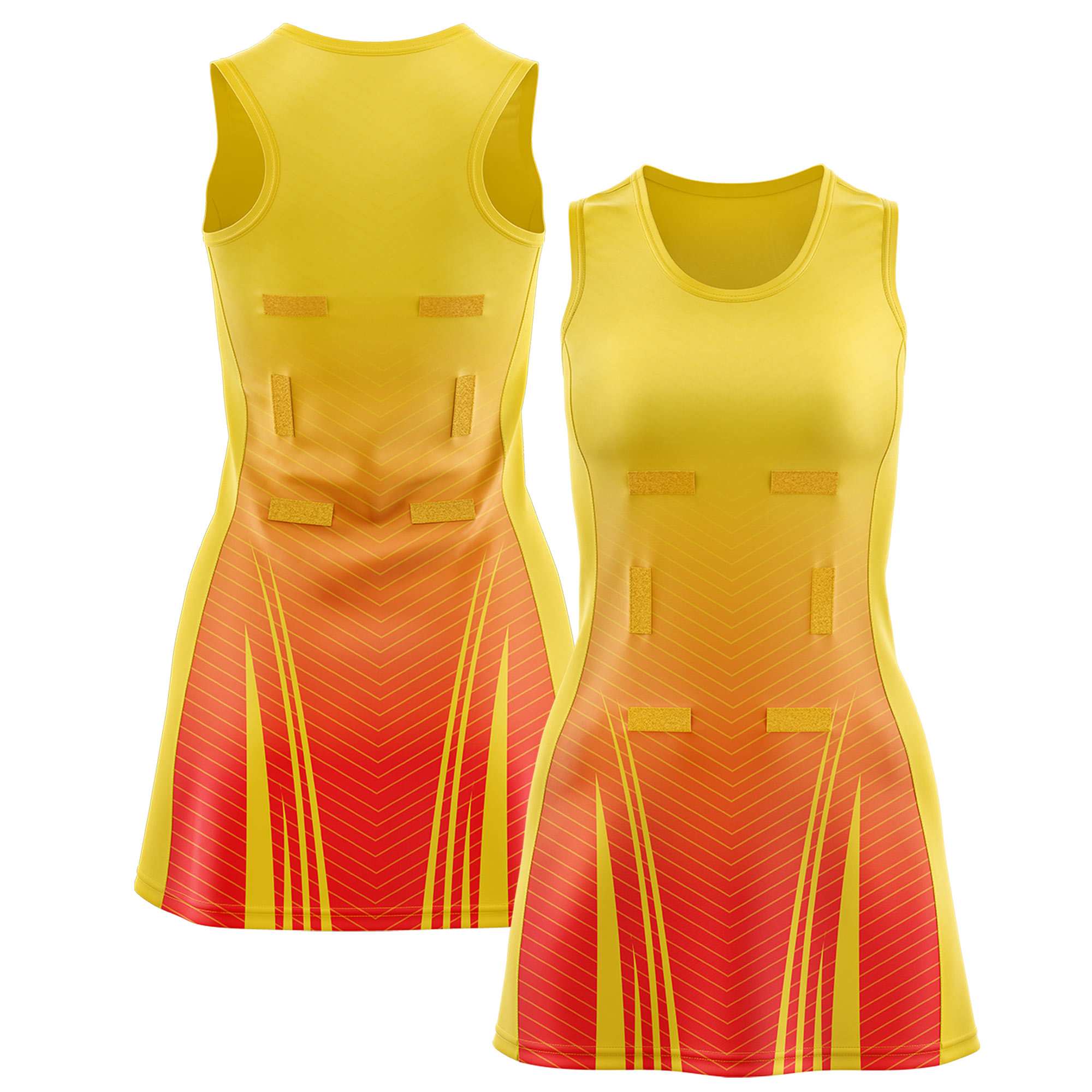 Custom Gold Orange Netball Dresses With Diagonal Lines And Jagged Texture Patterns