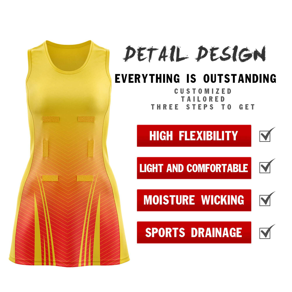 Custom Gold Orange Netball Dresses With Diagonal Lines And Jagged Texture Patterns