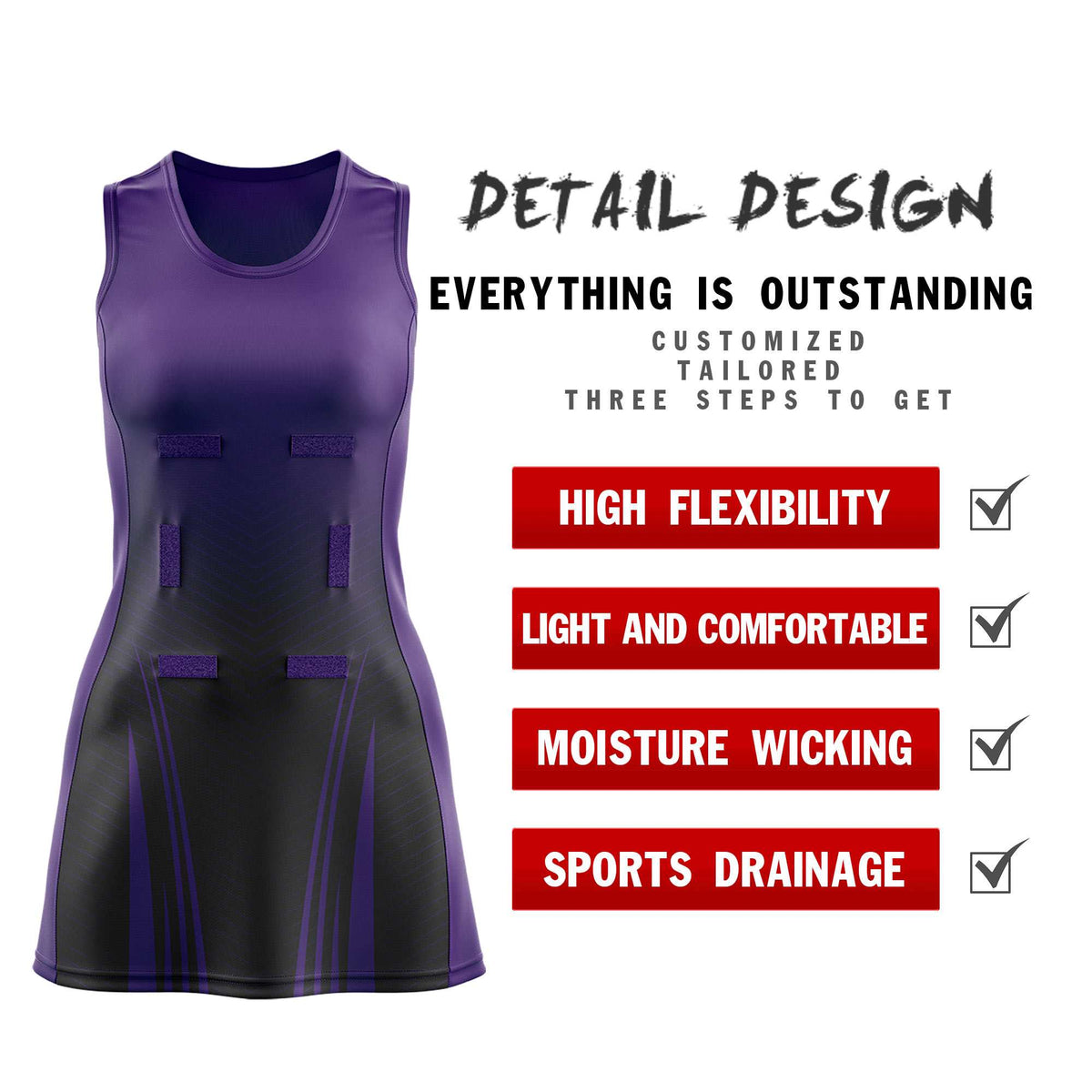 Custom Purple Black Netball Dresses With Diagonal Lines And Jagged Texture Patterns