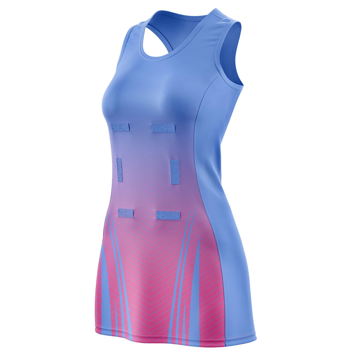 Custom Light Blue Pink Netball Dresses With Diagonal Lines And Jagged Texture Patterns