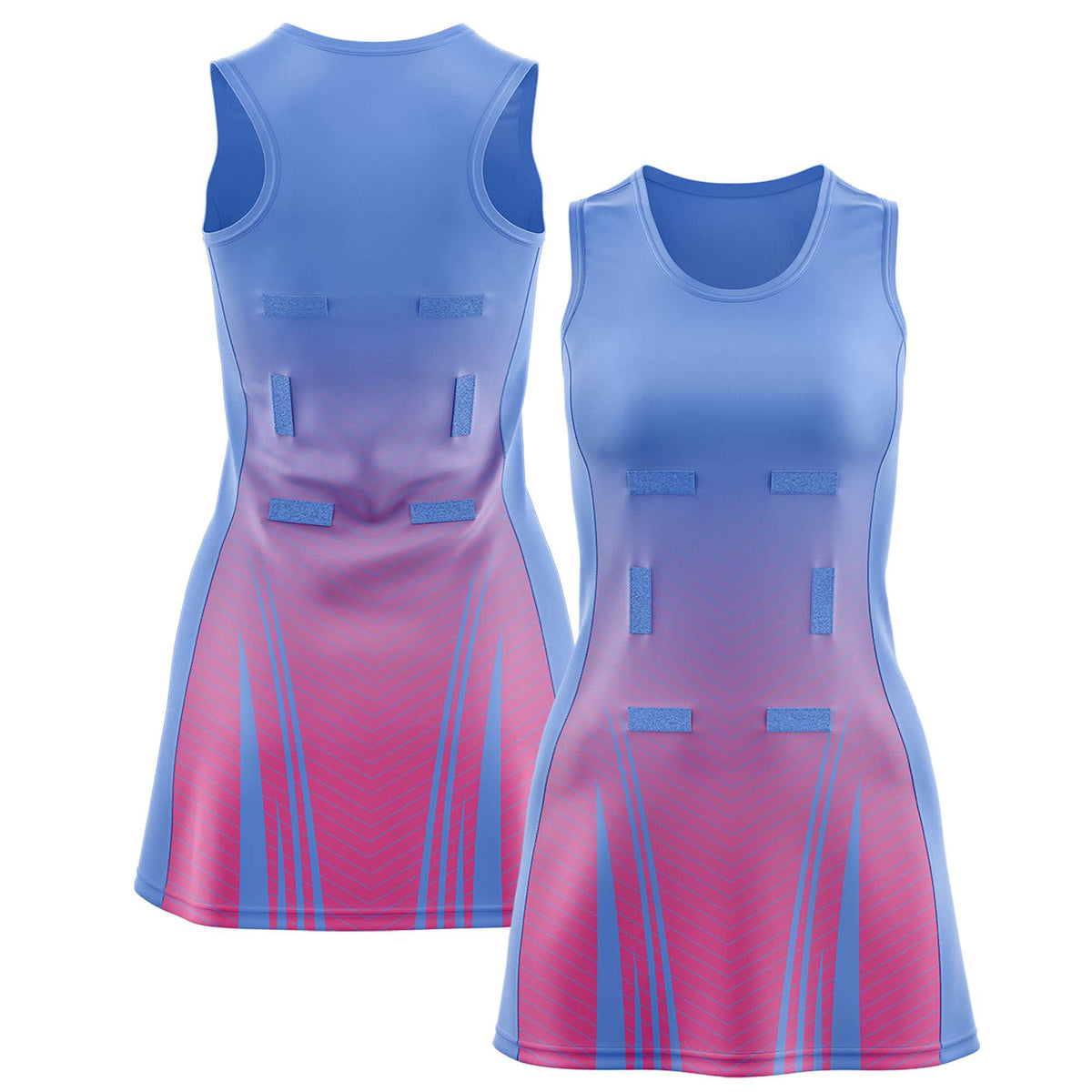 Custom Light Blue Pink Netball Dresses With Diagonal Lines And Jagged Texture Patterns