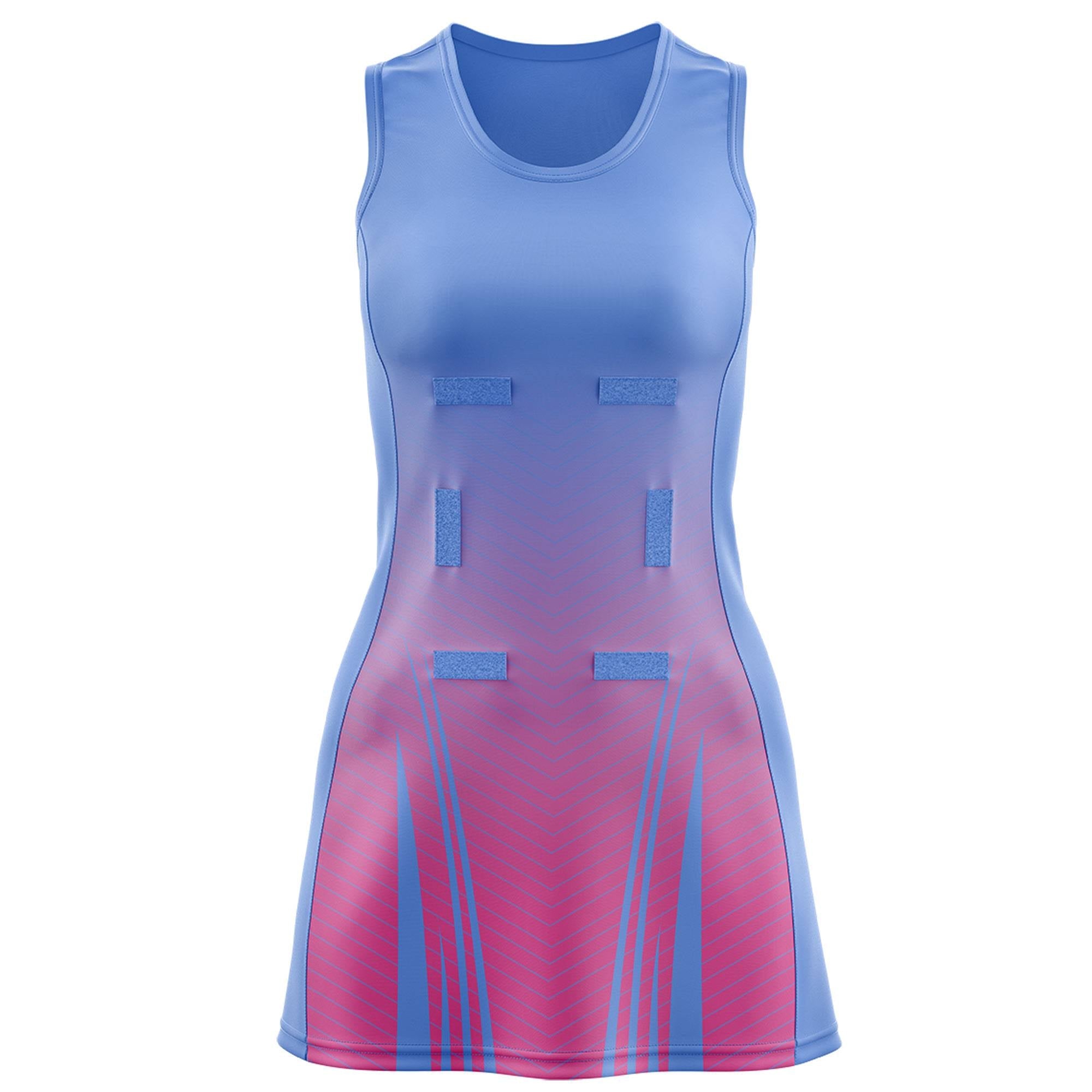 Custom Light Blue Pink Netball Dresses With Diagonal Lines And Jagged Texture Patterns