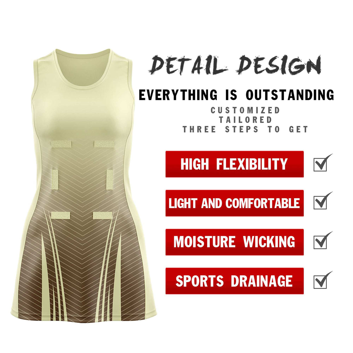 Custom Cream Light Brown Netball Dresses With Diagonal Lines And Jagged Texture Patterns