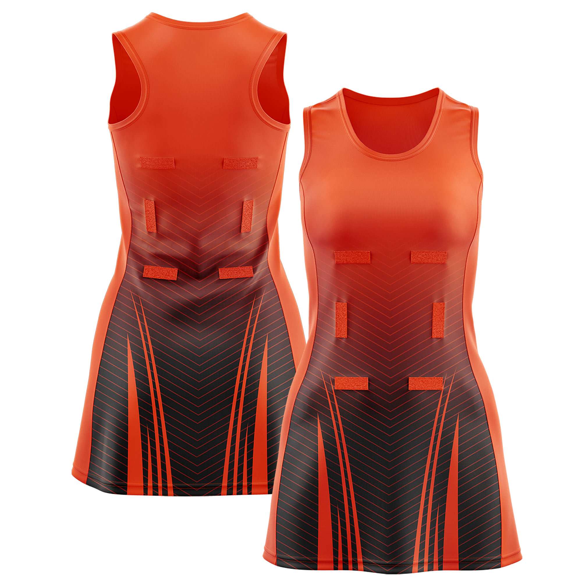 Custom Orange Black Netball Dresses With Diagonal Lines And Jagged Texture Patterns