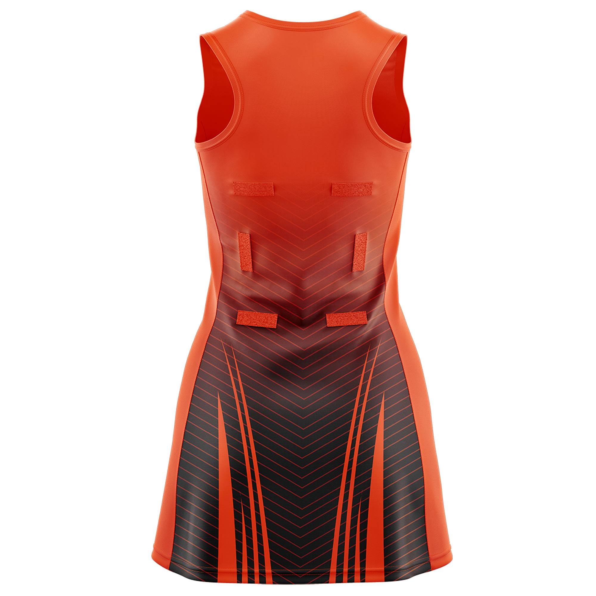 Custom Orange Black Netball Dresses With Diagonal Lines And Jagged Texture Patterns