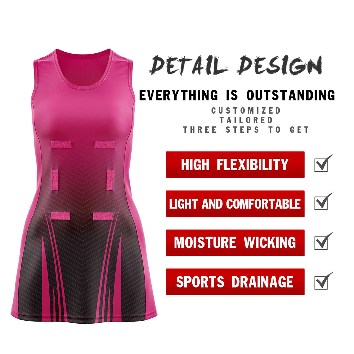 Custom Rose Red Black Netball Dresses With Diagonal Lines And Jagged Texture Patterns