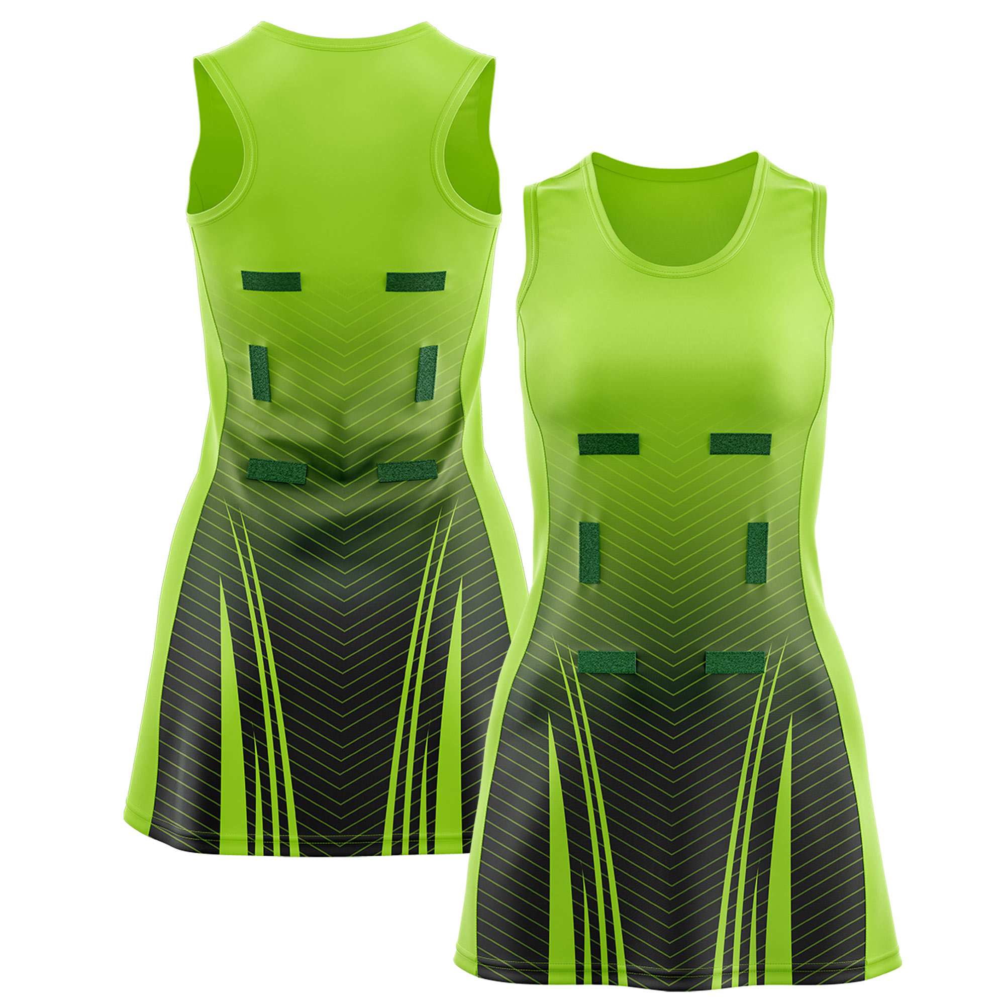 Custom Neon Green Black Netball Dresses With Diagonal Lines And Jagged Texture Patterns
