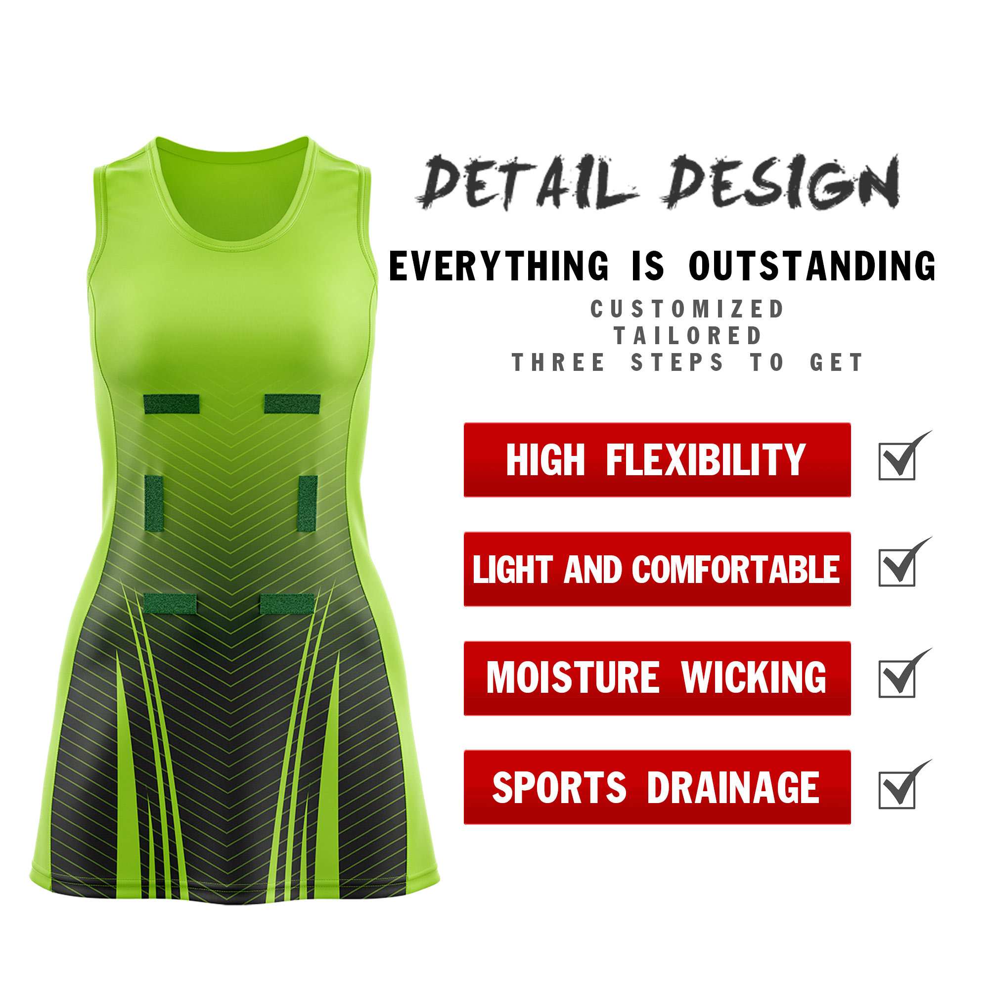 Custom Neon Green Black Netball Dresses With Diagonal Lines And Jagged Texture Patterns