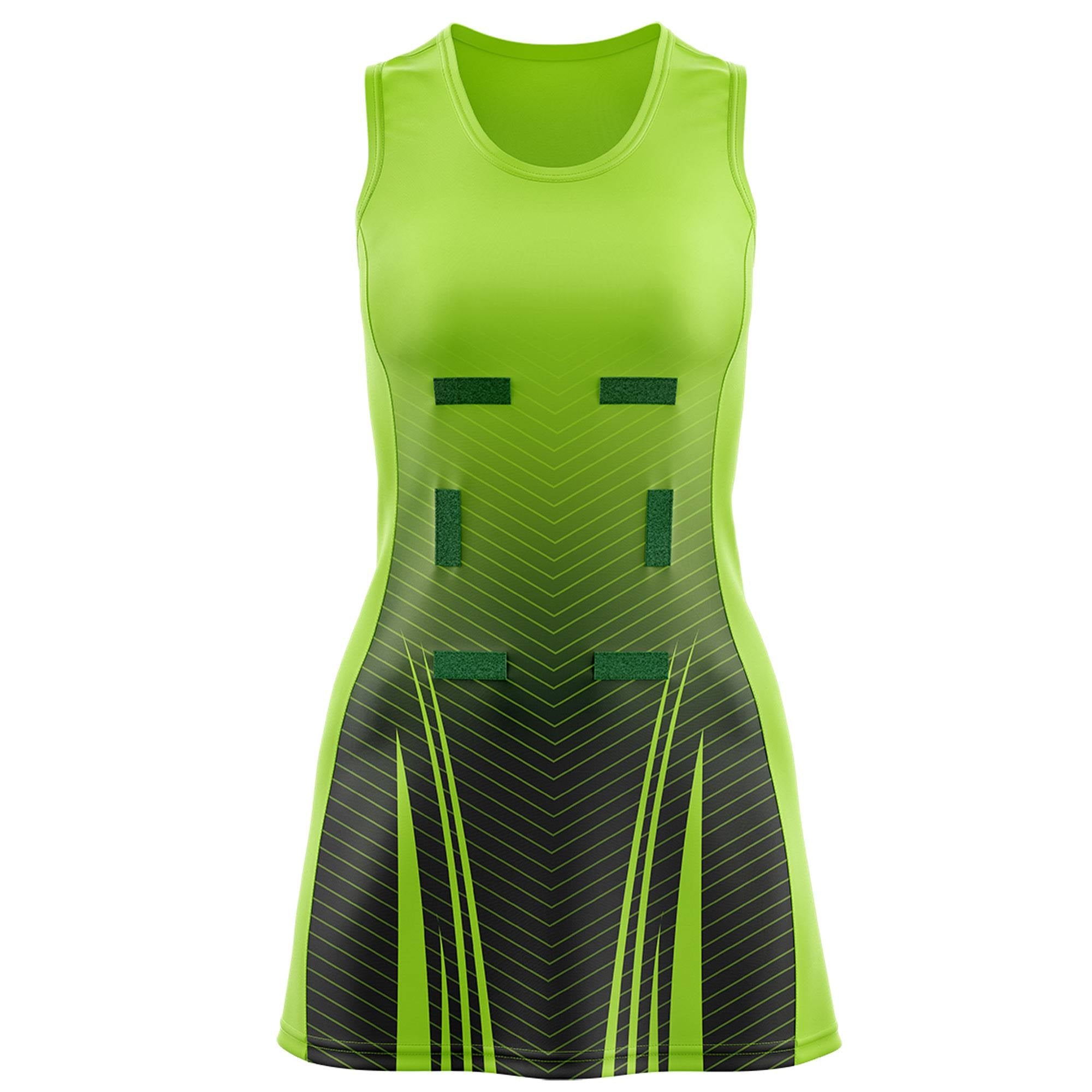 Custom Neon Green Black Netball Dresses With Diagonal Lines And Jagged Texture Patterns