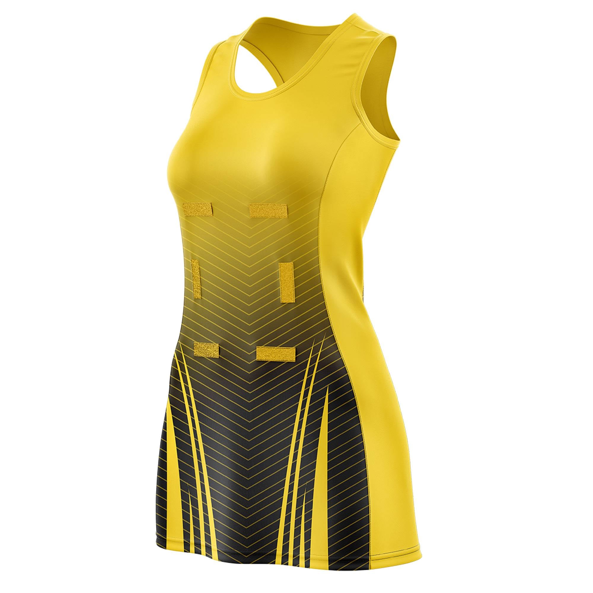 Custom Gold Black Netball Dresses With Diagonal Lines And Jagged Texture Patterns