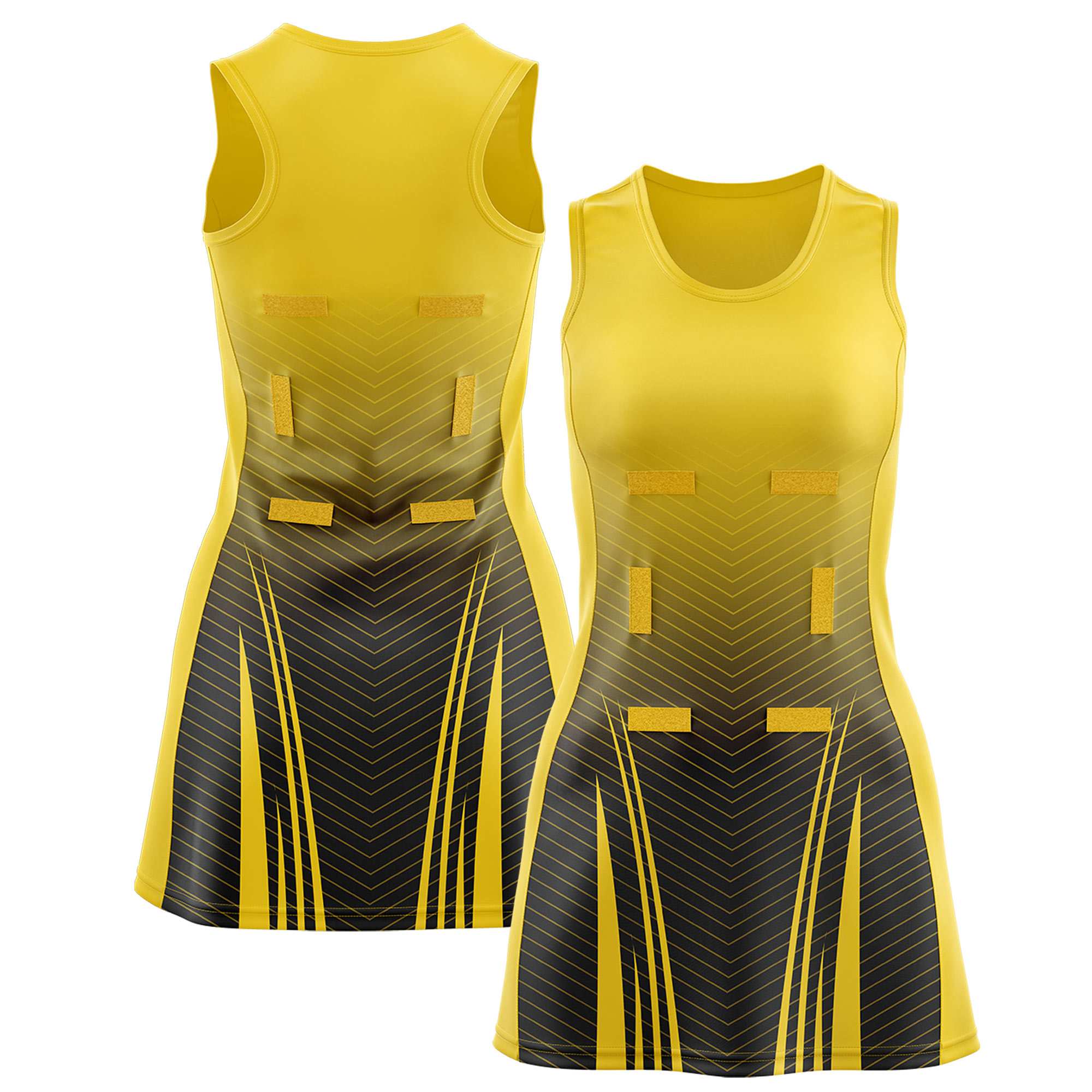 Custom Gold Black Netball Dresses With Diagonal Lines And Jagged Texture Patterns