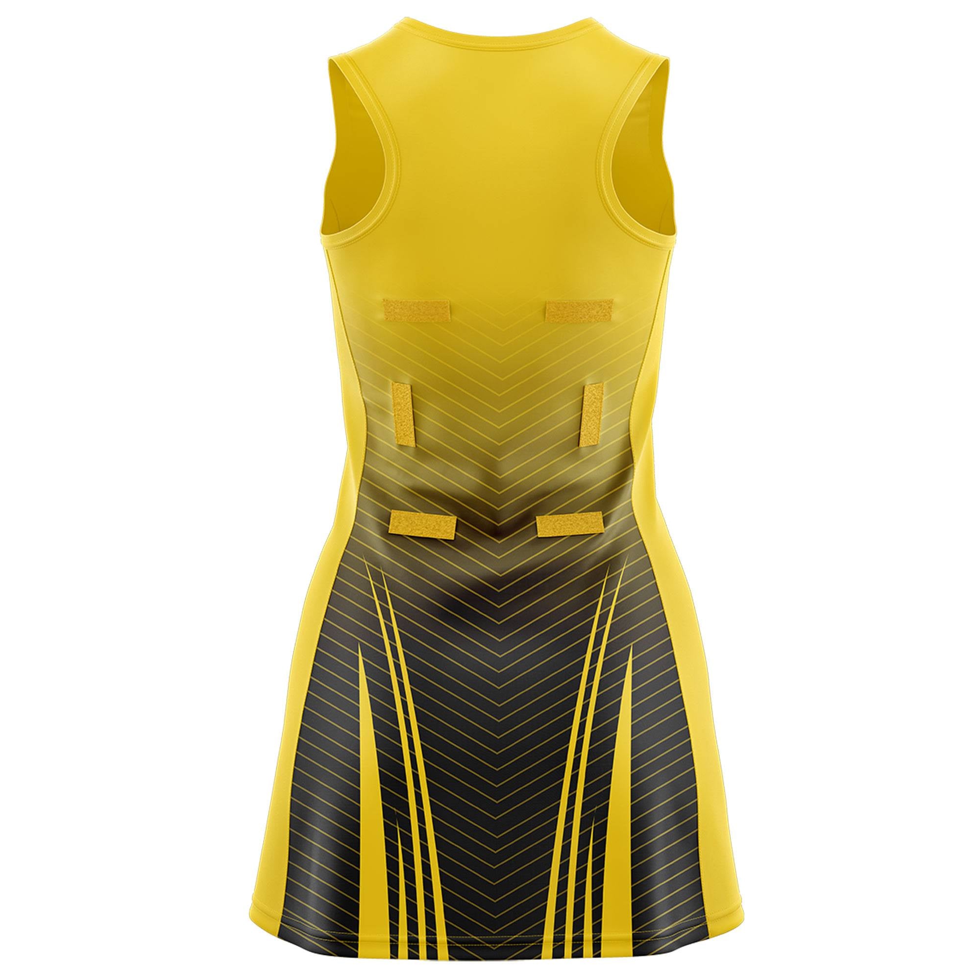Custom Gold Black Netball Dresses With Diagonal Lines And Jagged Texture Patterns