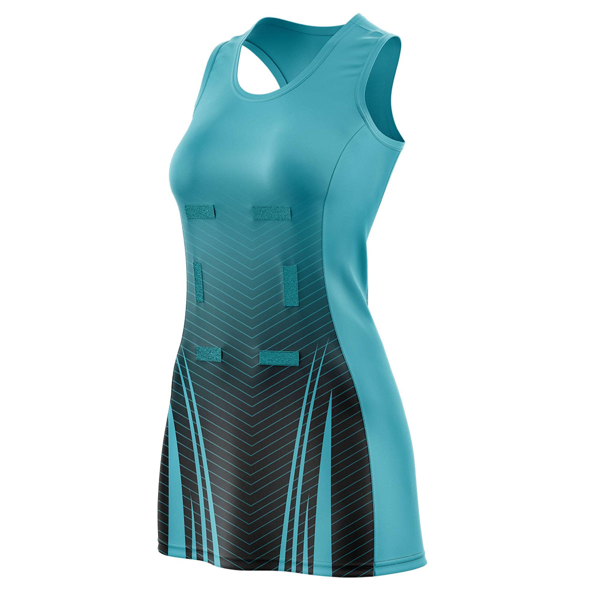 Custom Aqua Black Netball Dresses With Diagonal Lines And Jagged Texture Patterns