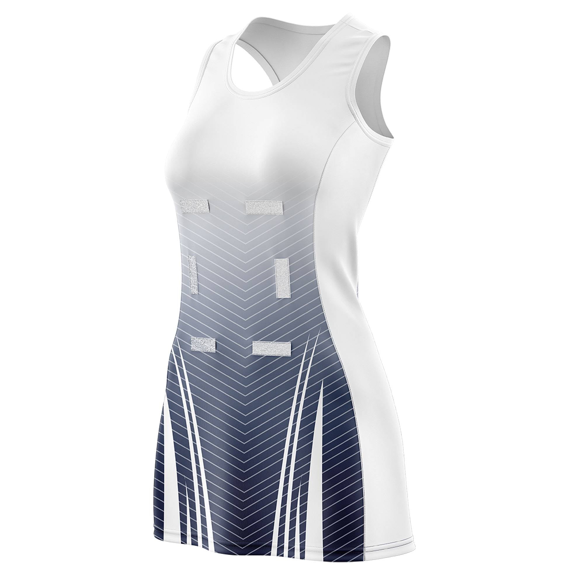 Custom White Navy Netball Dresses With Diagonal Lines And Jagged Texture Patterns