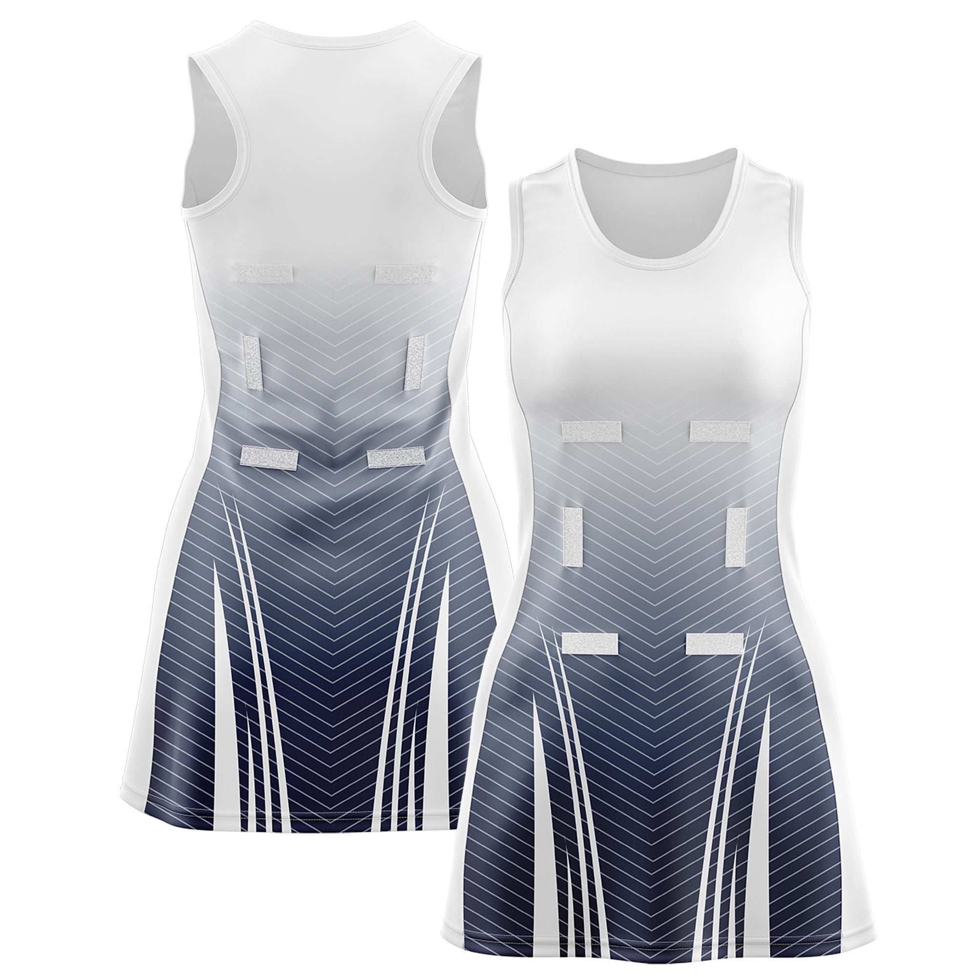 Custom White Navy Netball Dresses With Diagonal Lines And Jagged Texture Patterns