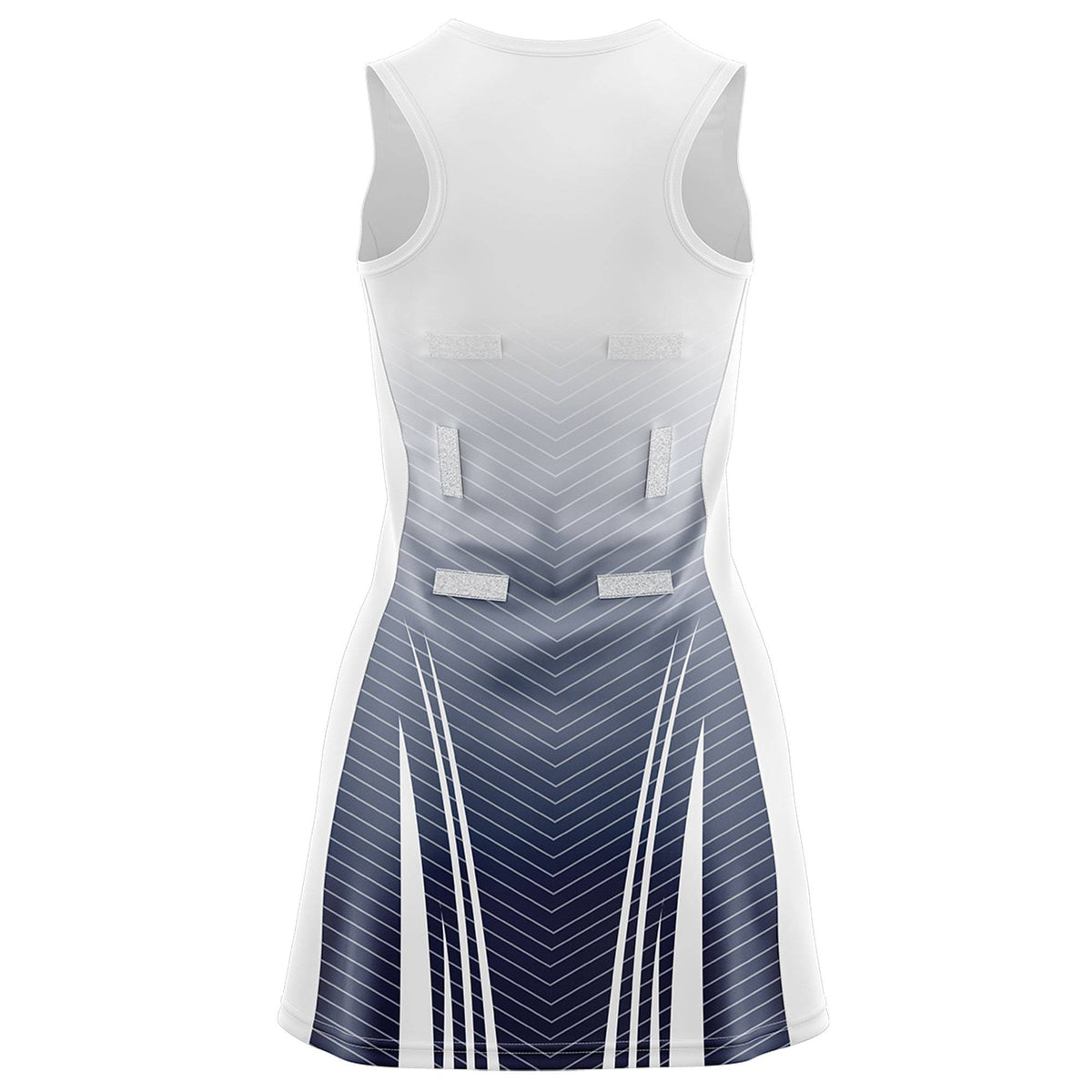 Custom White Navy Netball Dresses With Diagonal Lines And Jagged Texture Patterns