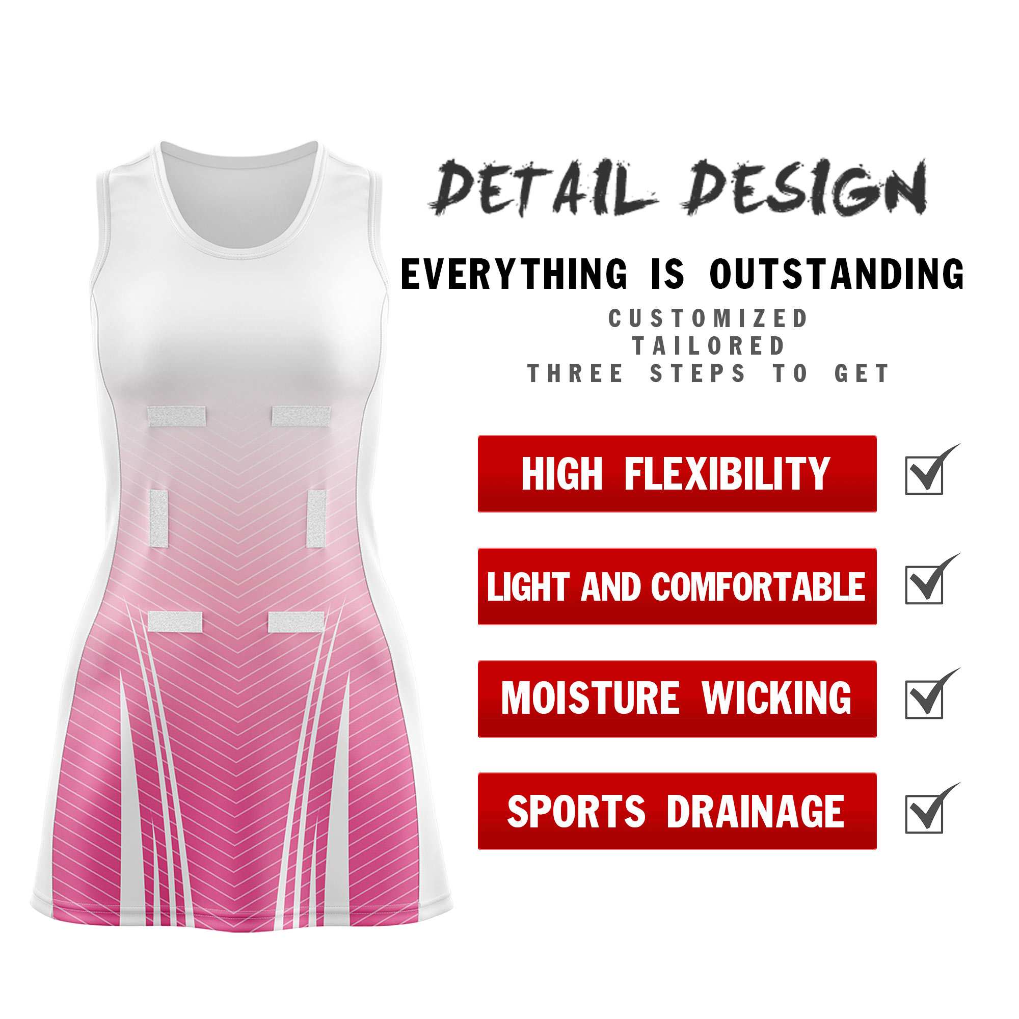 Custom White Pink Netball Dresses With Diagonal Lines And Jagged Texture Patterns