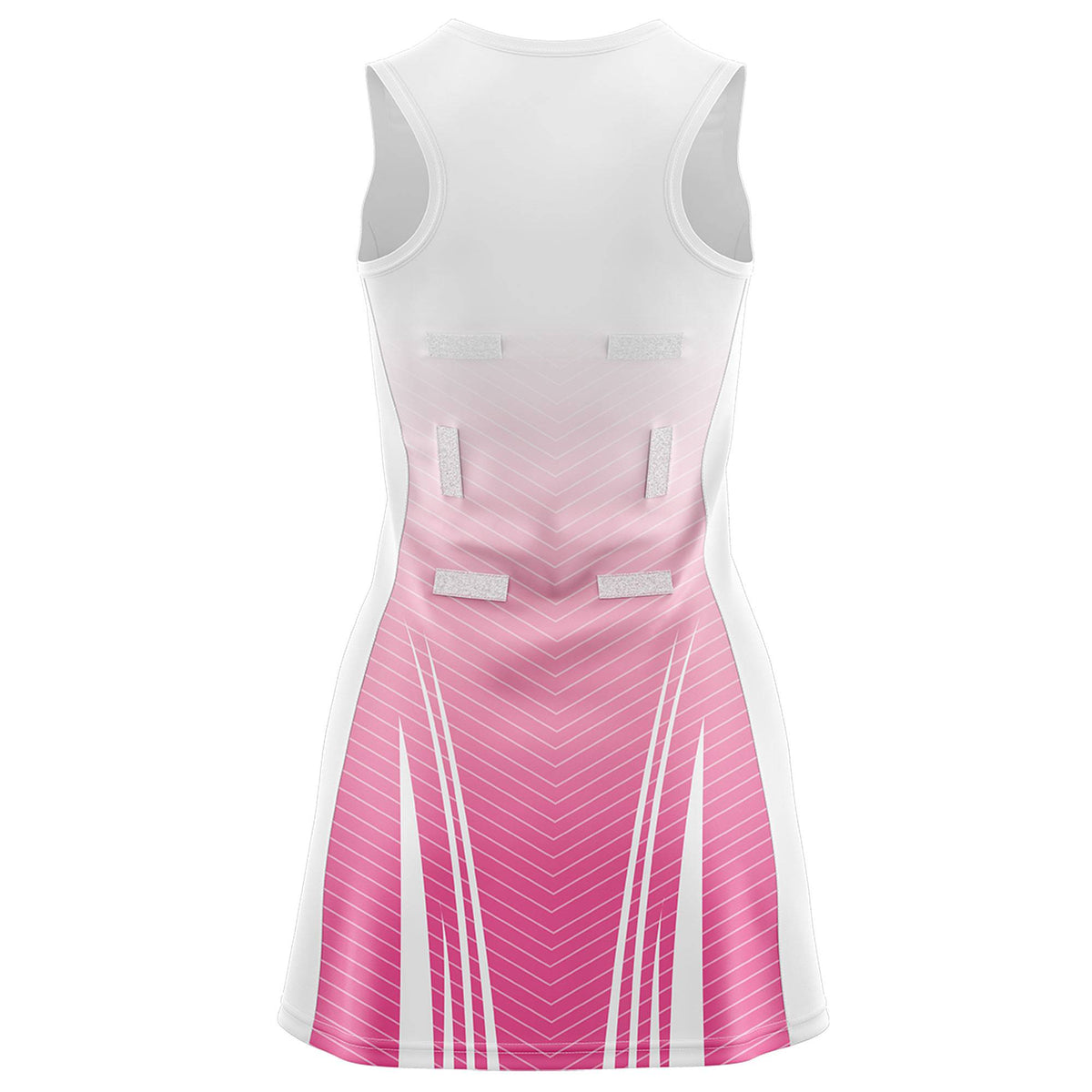 Custom White Pink Netball Dresses With Diagonal Lines And Jagged Texture Patterns