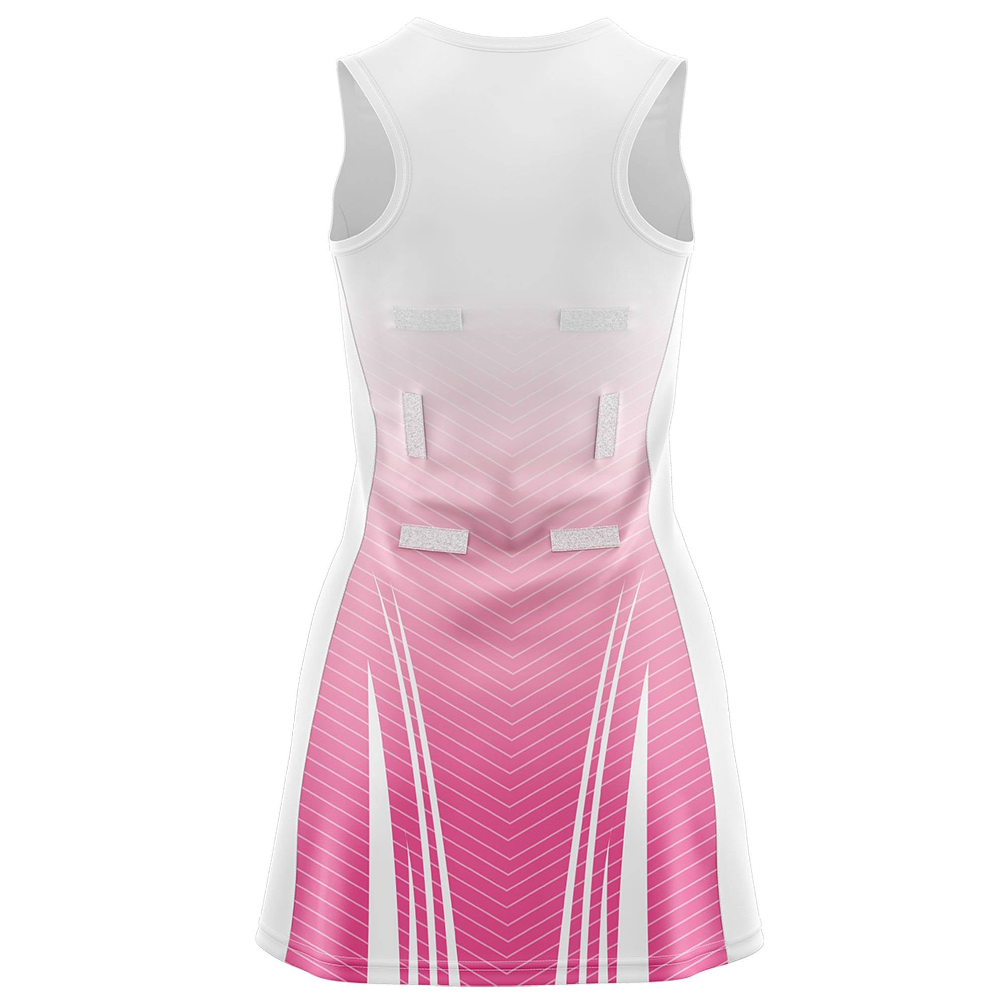 Custom White Pink Netball Dresses With Diagonal Lines And Jagged Texture Patterns