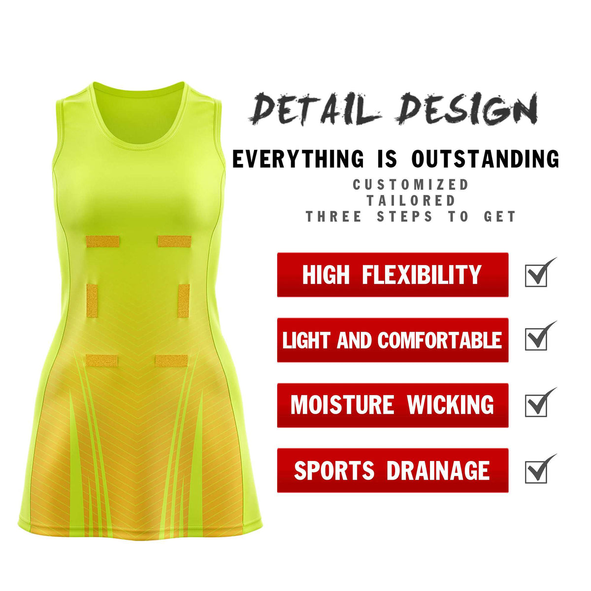 Custom Fluorescent Green Gold Netball Dresses With Diagonal Lines And Jagged Texture Patterns