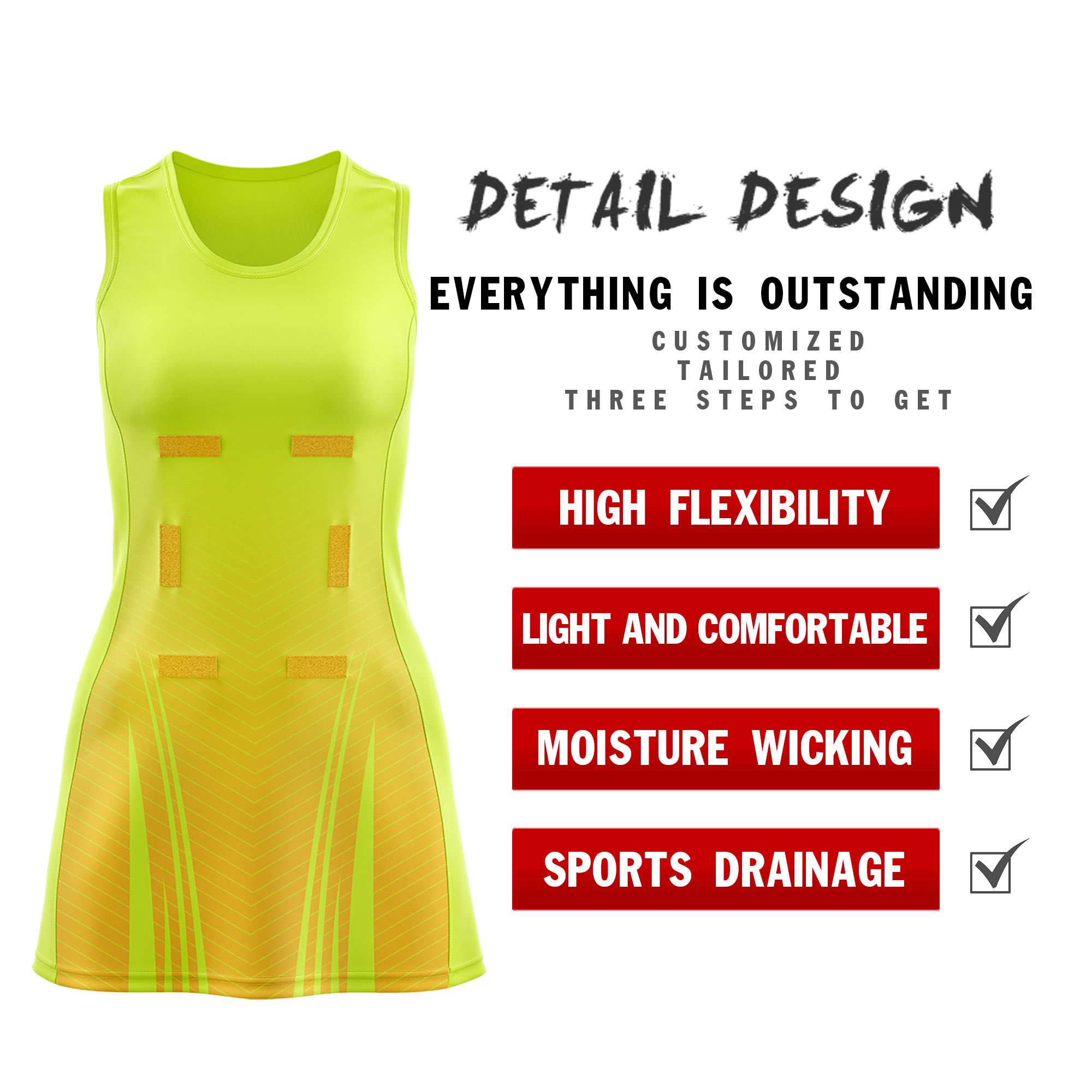 Custom Fluorescent Green Gold Netball Dresses With Diagonal Lines And Jagged Texture Patterns