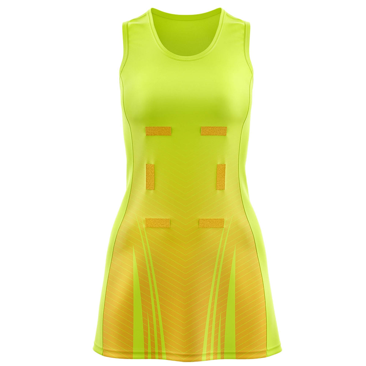 Custom Fluorescent Green Gold Netball Dresses With Diagonal Lines And Jagged Texture Patterns