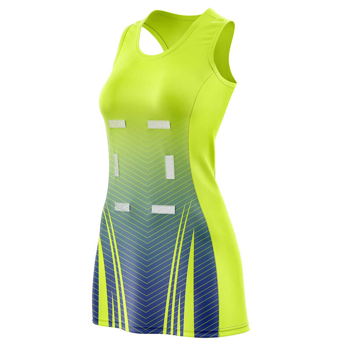 Custom Fluorescent Green Royal Netball Dresses With Diagonal Lines And Jagged Texture Patterns