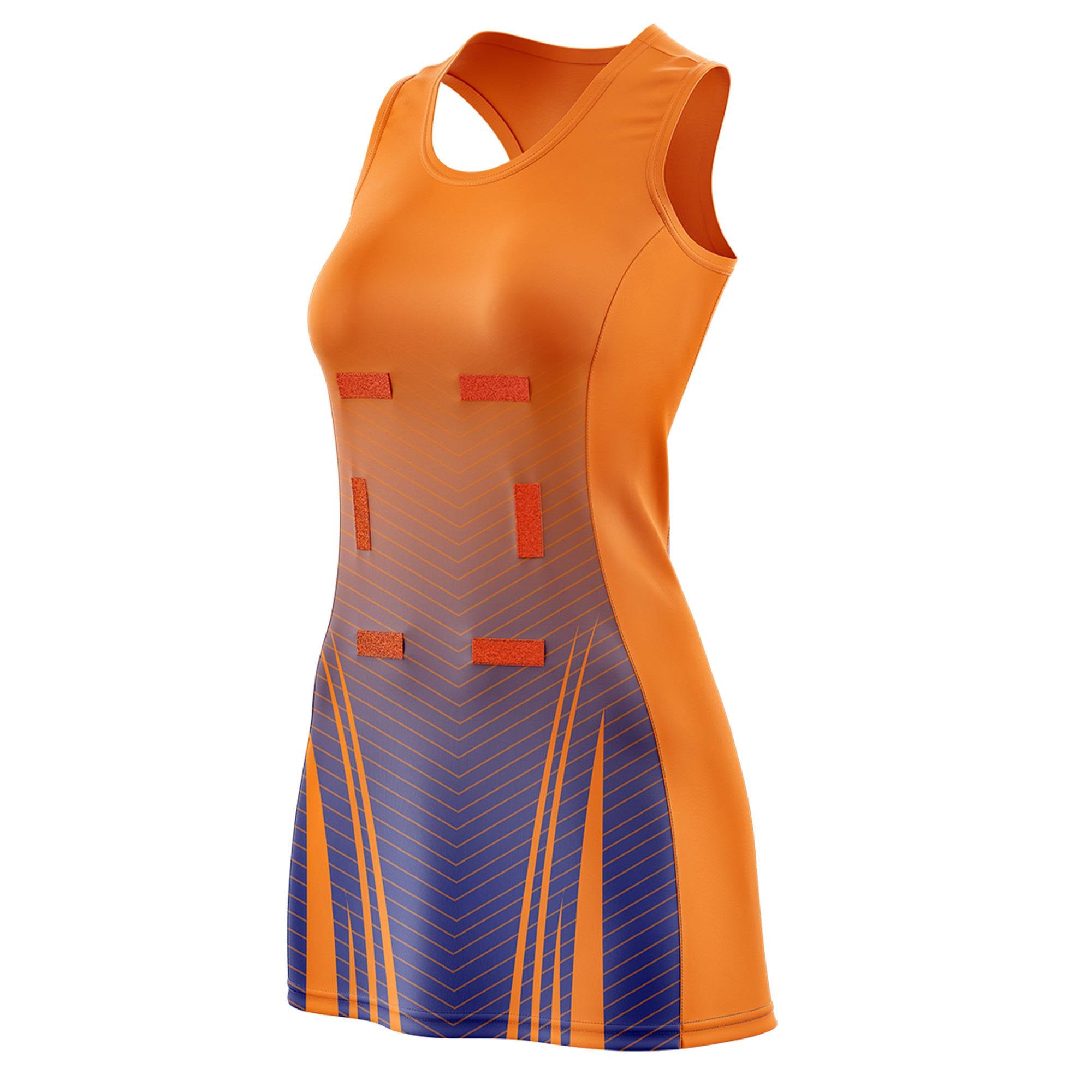 Custom Orange Royal Netball Dresses With Diagonal Lines And Jagged Texture Patterns