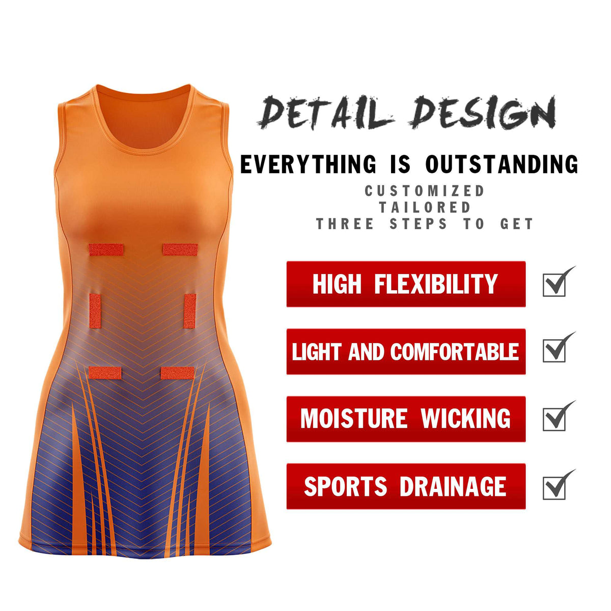 Custom Orange Royal Netball Dresses With Diagonal Lines And Jagged Texture Patterns