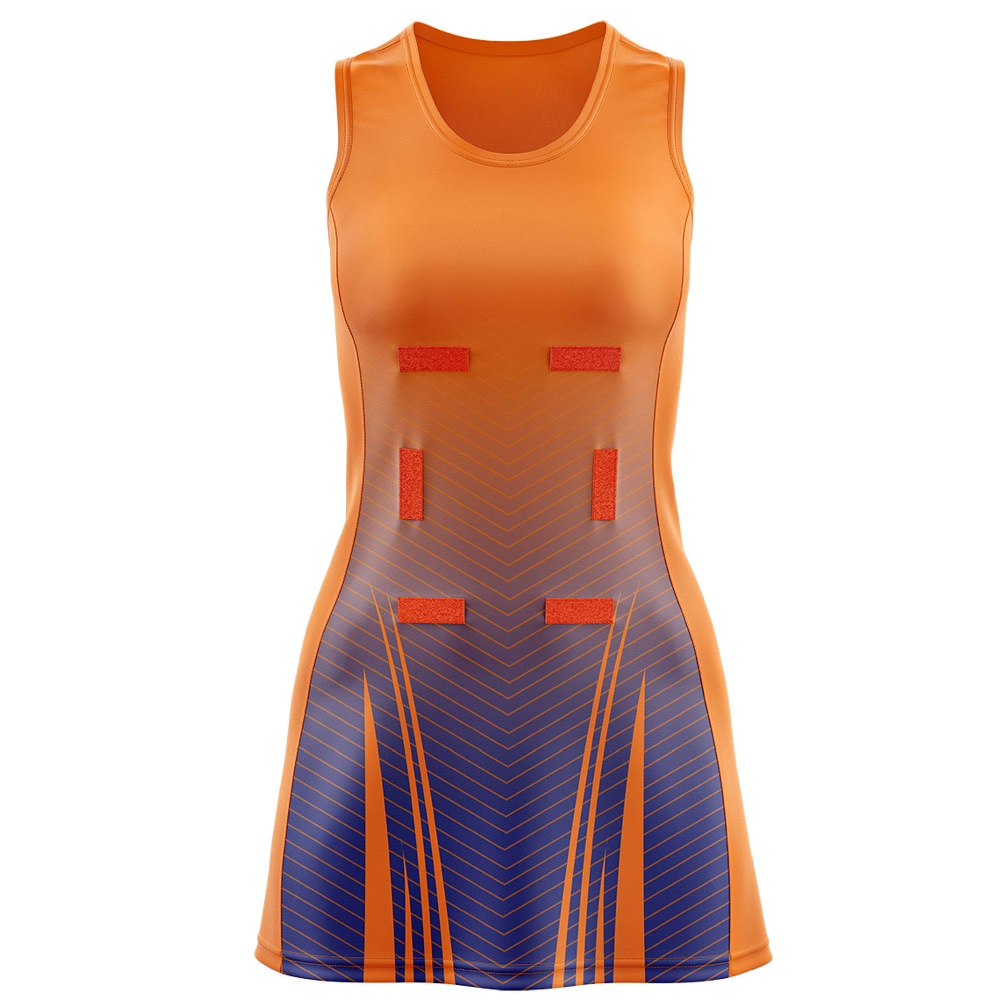 Custom Orange Royal Netball Dresses With Diagonal Lines And Jagged Texture Patterns