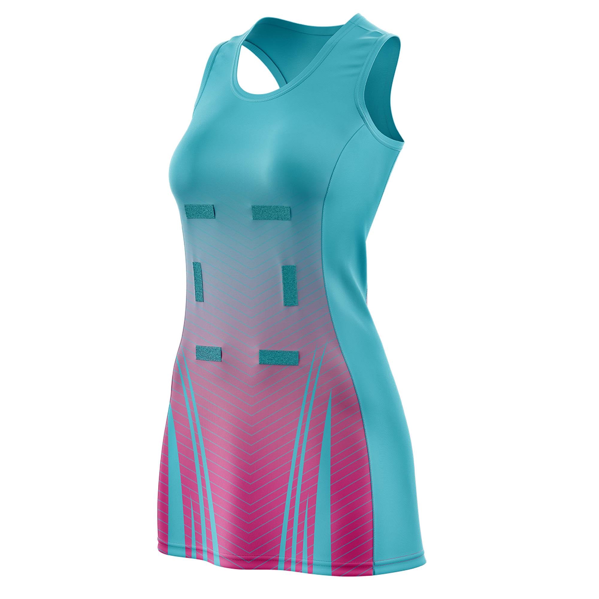 Custom Aqua Rose Red Netball Dresses With Diagonal Lines And Jagged Texture Patterns