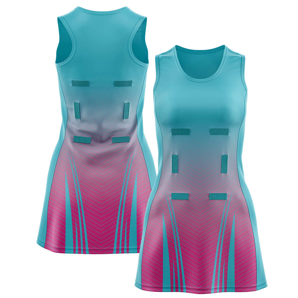 Custom Aqua Rose Red Netball Dresses With Diagonal Lines And Jagged Texture Patterns