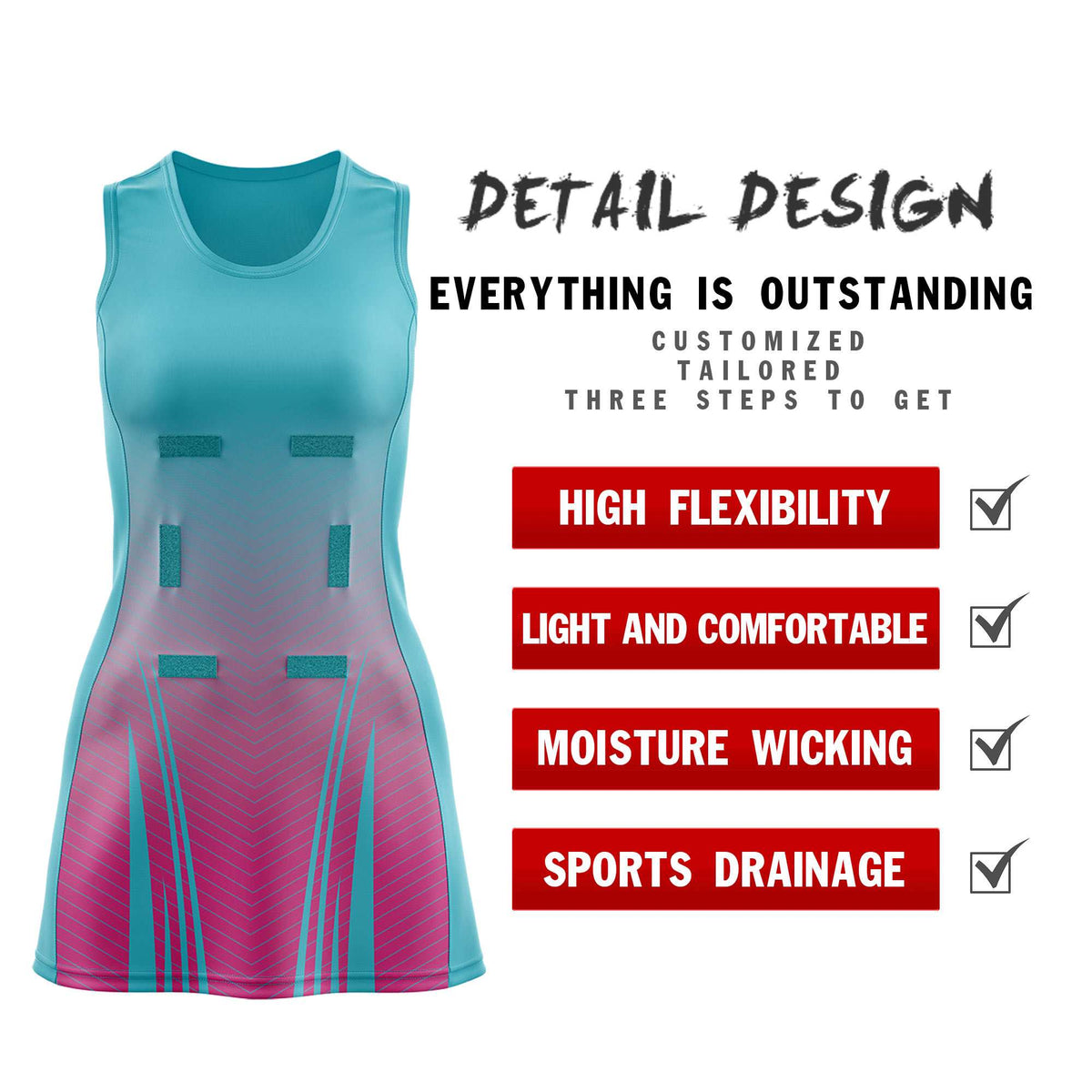 Custom Aqua Rose Red Netball Dresses With Diagonal Lines And Jagged Texture Patterns
