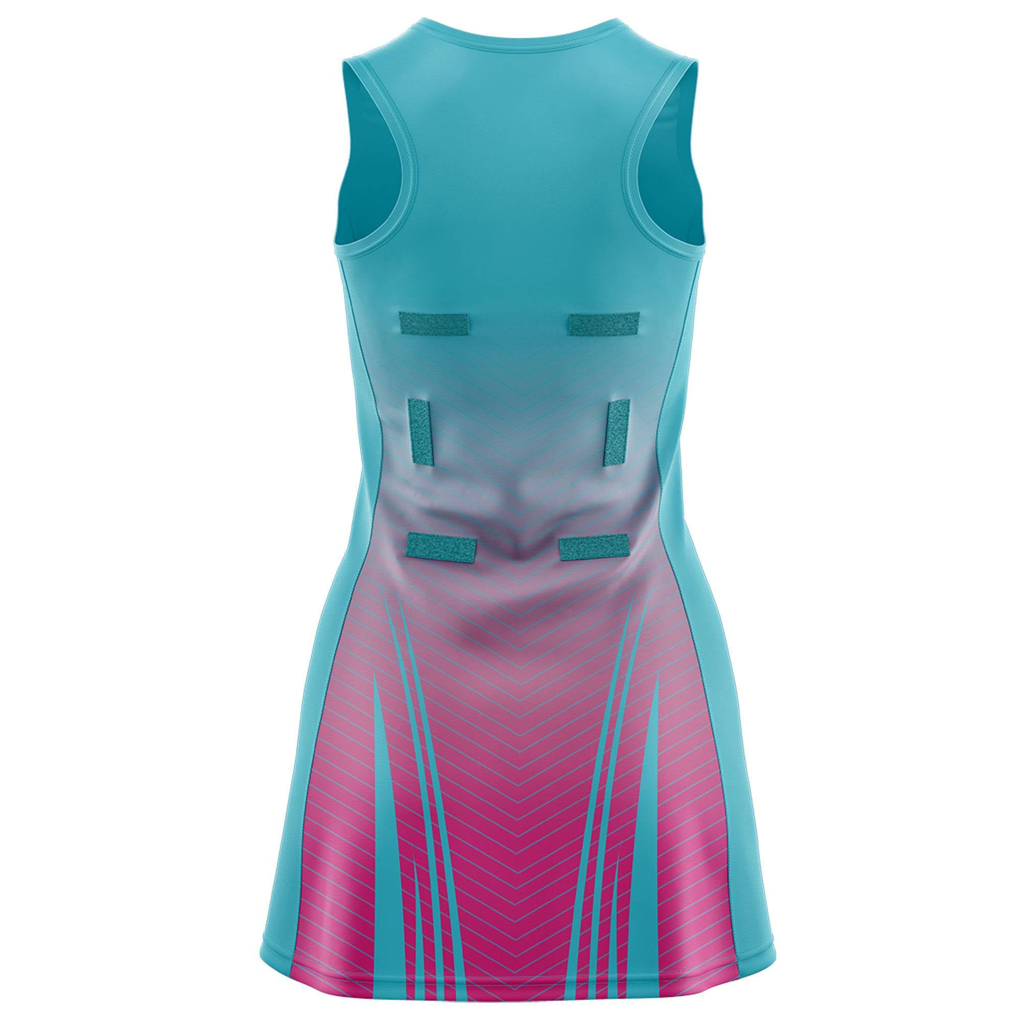Custom Aqua Rose Red Netball Dresses With Diagonal Lines And Jagged Texture Patterns
