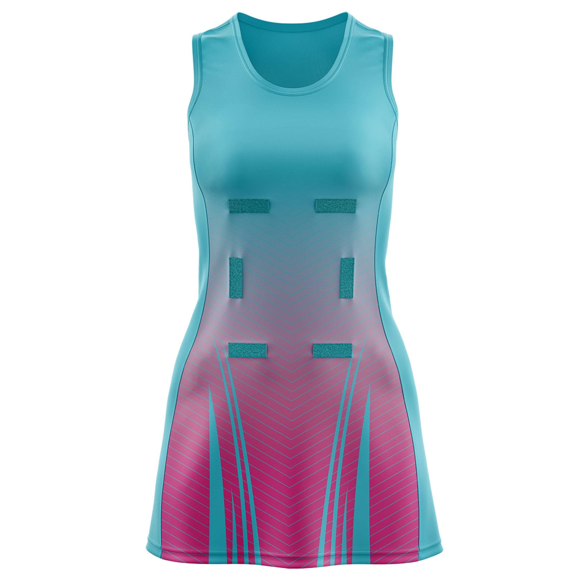 Custom Aqua Rose Red Netball Dresses With Diagonal Lines And Jagged Texture Patterns